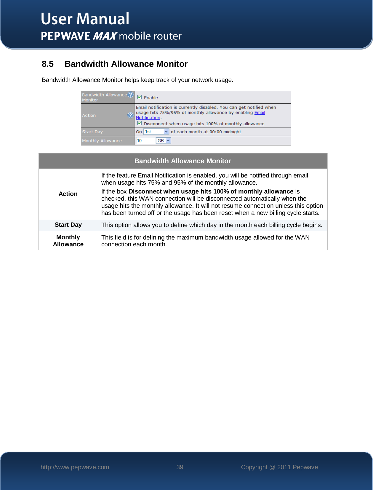    http://www.pepwave.com 39 Copyright @ 2011 Pepwave   8.5 Bandwidth Allowance Monitor Bandwidth Allowance Monitor helps keep track of your network usage.  Bandwidth Allowance Monitor Action If the feature Email Notification is enabled, you will be notified through email when usage hits 75% and 95% of the monthly allowance. If the box Disconnect when usage hits 100% of monthly allowance is checked, this WAN connection will be disconnected automatically when the usage hits the monthly allowance. It will not resume connection unless this option has been turned off or the usage has been reset when a new billing cycle starts. Start Day This option allows you to define which day in the month each billing cycle begins.  Monthly Allowance This field is for defining the maximum bandwidth usage allowed for the WAN connection each month. 