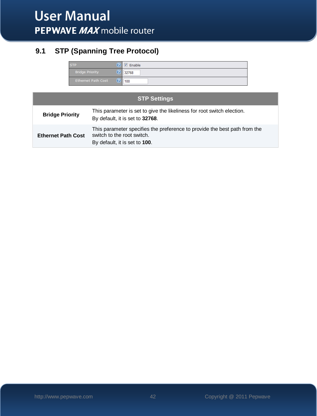    http://www.pepwave.com 42 Copyright @ 2011 Pepwave   9.1 STP (Spanning Tree Protocol)  STP Settings Bridge Priority This parameter is set to give the likeliness for root switch election. By default, it is set to 32768. Ethernet Path Cost This parameter specifies the preference to provide the best path from the switch to the root switch. By default, it is set to 100.  