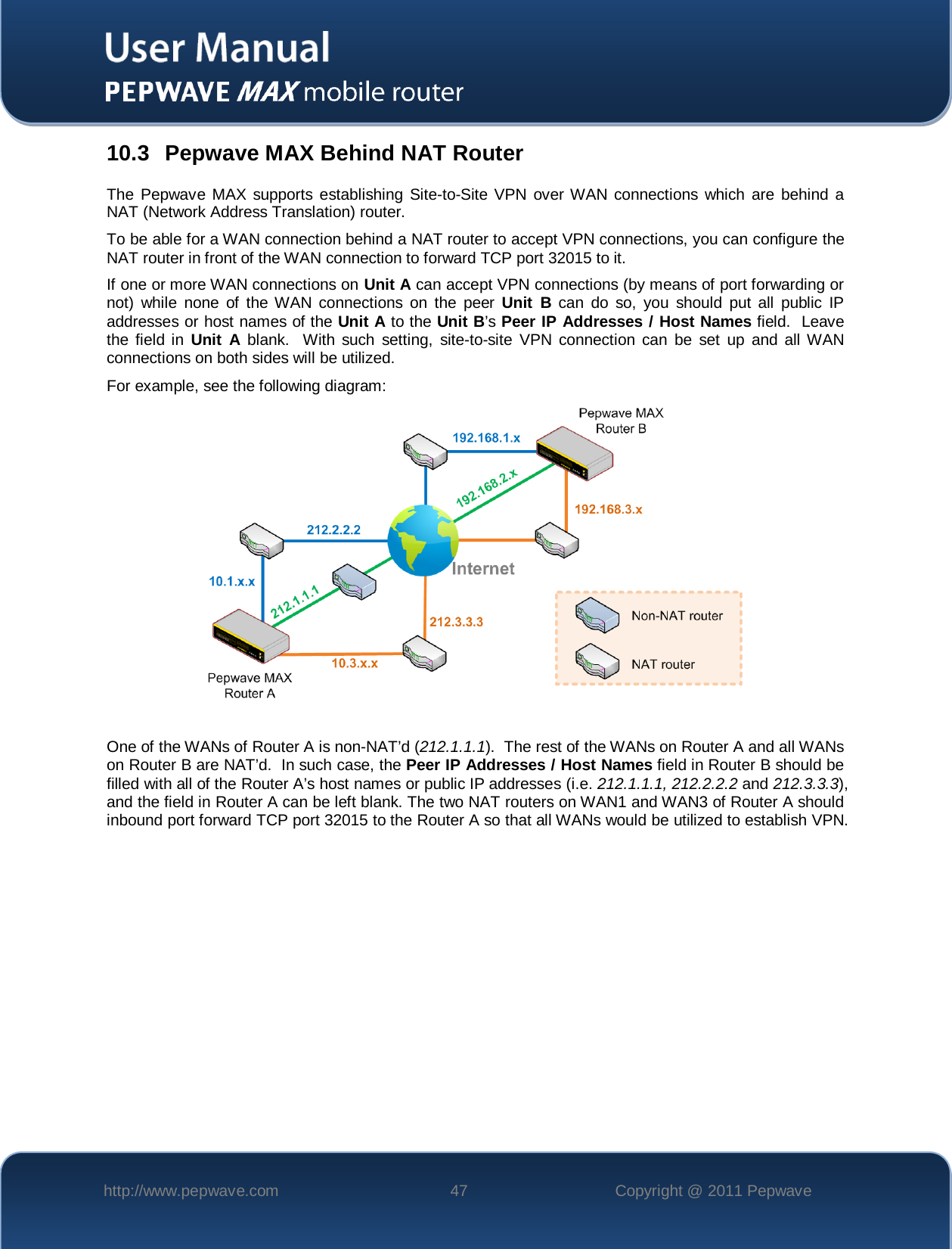    http://www.pepwave.com 47 Copyright @ 2011 Pepwave   10.3 Pepwave MAX Behind NAT Router The Pepwave MAX supports establishing Site-to-Site VPN over WAN connections which are behind a NAT (Network Address Translation) router. To be able for a WAN connection behind a NAT router to accept VPN connections, you can configure the NAT router in front of the WAN connection to forward TCP port 32015 to it. If one or more WAN connections on Unit A can accept VPN connections (by means of port forwarding or not)  while none of the WAN connections on the peer Unit B can do so, you should put all public IP addresses or host names of the Unit A to the Unit B’s Peer IP Addresses / Host Names field.  Leave the field in Unit A blank.  With such setting, site-to-site VPN connection can be set up and all WAN connections on both sides will be utilized. For example, see the following diagram:   One of the WANs of Router A is non-NAT’d (212.1.1.1).  The rest of the WANs on Router A and all WANs on Router B are NAT’d.  In such case, the Peer IP Addresses / Host Names field in Router B should be filled with all of the Router A’s host names or public IP addresses (i.e. 212.1.1.1, 212.2.2.2 and 212.3.3.3), and the field in Router A can be left blank. The two NAT routers on WAN1 and WAN3 of Router A should inbound port forward TCP port 32015 to the Router A so that all WANs would be utilized to establish VPN. 