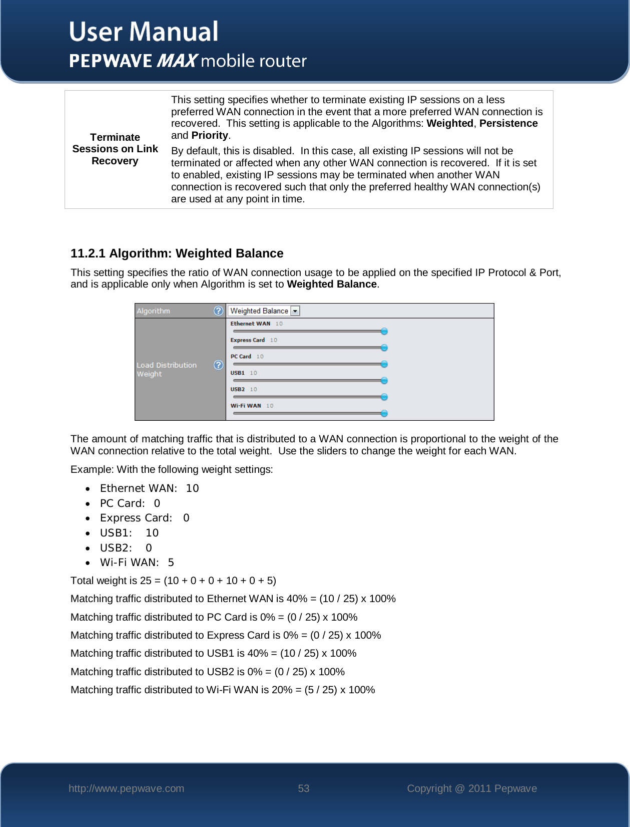    http://www.pepwave.com 53 Copyright @ 2011 Pepwave   Terminate Sessions on Link Recovery This setting specifies whether to terminate existing IP sessions on a less preferred WAN connection in the event that a more preferred WAN connection is recovered.  This setting is applicable to the Algorithms: Weighted, Persistence and Priority. By default, this is disabled.  In this case, all existing IP sessions will not be terminated or affected when any other WAN connection is recovered.  If it is set to enabled, existing IP sessions may be terminated when another WAN connection is recovered such that only the preferred healthy WAN connection(s) are used at any point in time.   11.2.1 Algorithm: Weighted Balance This setting specifies the ratio of WAN connection usage to be applied on the specified IP Protocol &amp; Port, and is applicable only when Algorithm is set to Weighted Balance.  The amount of matching traffic that is distributed to a WAN connection is proportional to the weight of the WAN connection relative to the total weight.  Use the sliders to change the weight for each WAN. Example: With the following weight settings: • Ethernet WAN:  10 • PC Card:  0 • Express Card:  0 • USB1: 10 • USB2:   0 • Wi-Fi WAN:  5 Total weight is 25 = (10 + 0 + 0 + 10 + 0 + 5) Matching traffic distributed to Ethernet WAN is 40% = (10 / 25) x 100% Matching traffic distributed to PC Card is 0% = (0 / 25) x 100% Matching traffic distributed to Express Card is 0% = (0 / 25) x 100% Matching traffic distributed to USB1 is 40% = (10 / 25) x 100% Matching traffic distributed to USB2 is 0% = (0 / 25) x 100% Matching traffic distributed to Wi-Fi WAN is 20% = (5 / 25) x 100%  