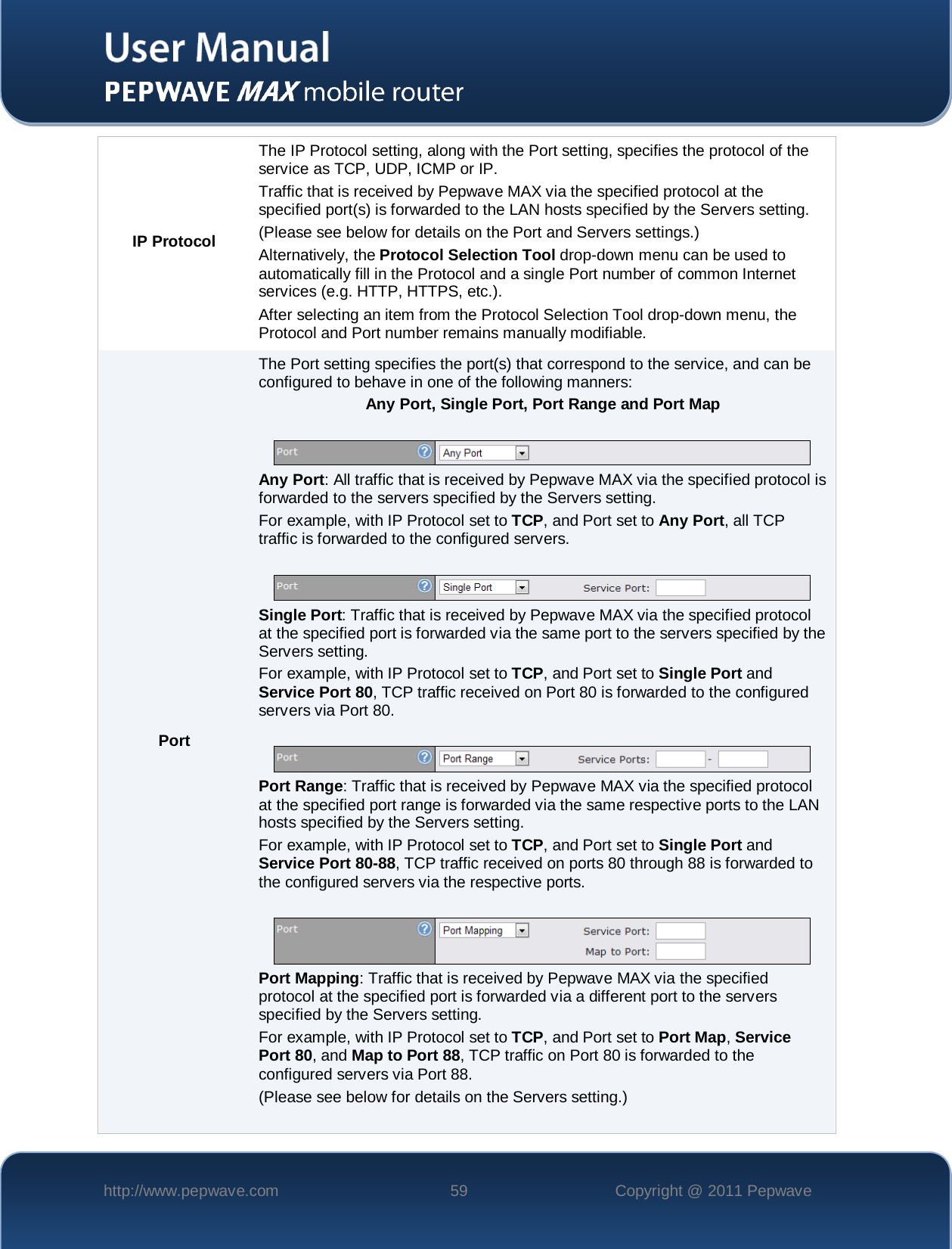    http://www.pepwave.com 59 Copyright @ 2011 Pepwave   IP Protocol The IP Protocol setting, along with the Port setting, specifies the protocol of the service as TCP, UDP, ICMP or IP. Traffic that is received by Pepwave MAX via the specified protocol at the specified port(s) is forwarded to the LAN hosts specified by the Servers setting.   (Please see below for details on the Port and Servers settings.) Alternatively, the Protocol Selection Tool drop-down menu can be used to automatically fill in the Protocol and a single Port number of common Internet services (e.g. HTTP, HTTPS, etc.).  After selecting an item from the Protocol Selection Tool drop-down menu, the Protocol and Port number remains manually modifiable. Port The Port setting specifies the port(s) that correspond to the service, and can be configured to behave in one of the following manners: Any Port, Single Port, Port Range and Port Map   Any Port: All traffic that is received by Pepwave MAX via the specified protocol is forwarded to the servers specified by the Servers setting.   For example, with IP Protocol set to TCP, and Port set to Any Port, all TCP traffic is forwarded to the configured servers.   Single Port: Traffic that is received by Pepwave MAX via the specified protocol at the specified port is forwarded via the same port to the servers specified by the Servers setting.   For example, with IP Protocol set to TCP, and Port set to Single Port and Service Port 80, TCP traffic received on Port 80 is forwarded to the configured servers via Port 80.   Port Range: Traffic that is received by Pepwave MAX via the specified protocol at the specified port range is forwarded via the same respective ports to the LAN hosts specified by the Servers setting.   For example, with IP Protocol set to TCP, and Port set to Single Port and Service Port 80-88, TCP traffic received on ports 80 through 88 is forwarded to the configured servers via the respective ports.   Port Mapping: Traffic that is received by Pepwave MAX via the specified protocol at the specified port is forwarded via a different port to the servers specified by the Servers setting.   For example, with IP Protocol set to TCP, and Port set to Port Map, Service Port 80, and Map to Port 88, TCP traffic on Port 80 is forwarded to the configured servers via Port 88. (Please see below for details on the Servers setting.)  