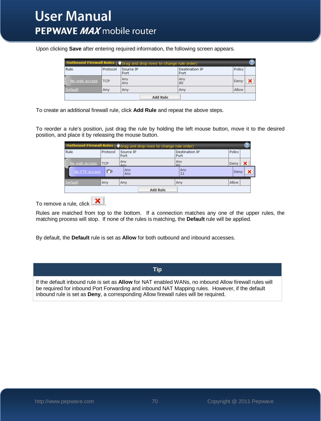    http://www.pepwave.com 70 Copyright @ 2011 Pepwave   Upon clicking Save after entering required information, the following screen appears.   To create an additional firewall rule, click Add Rule and repeat the above steps.  To reorder a rule’s position, just drag the rule by holding the left mouse button, move it to the desired position, and place it by releasing the mouse button.  To remove a rule, click  . Rules are matched from top to the bottom.  If a connection matches any one of the upper rules, the matching process will stop.  If none of the rules is matching, the Default rule will be applied.  By default, the Default rule is set as Allow for both outbound and inbound accesses.   Tip If the default inbound rule is set as Allow for NAT enabled WANs, no inbound Allow firewall rules will be required for inbound Port Forwarding and inbound NAT Mapping rules.  However, if the default inbound rule is set as Deny, a corresponding Allow firewall rules will be required.  