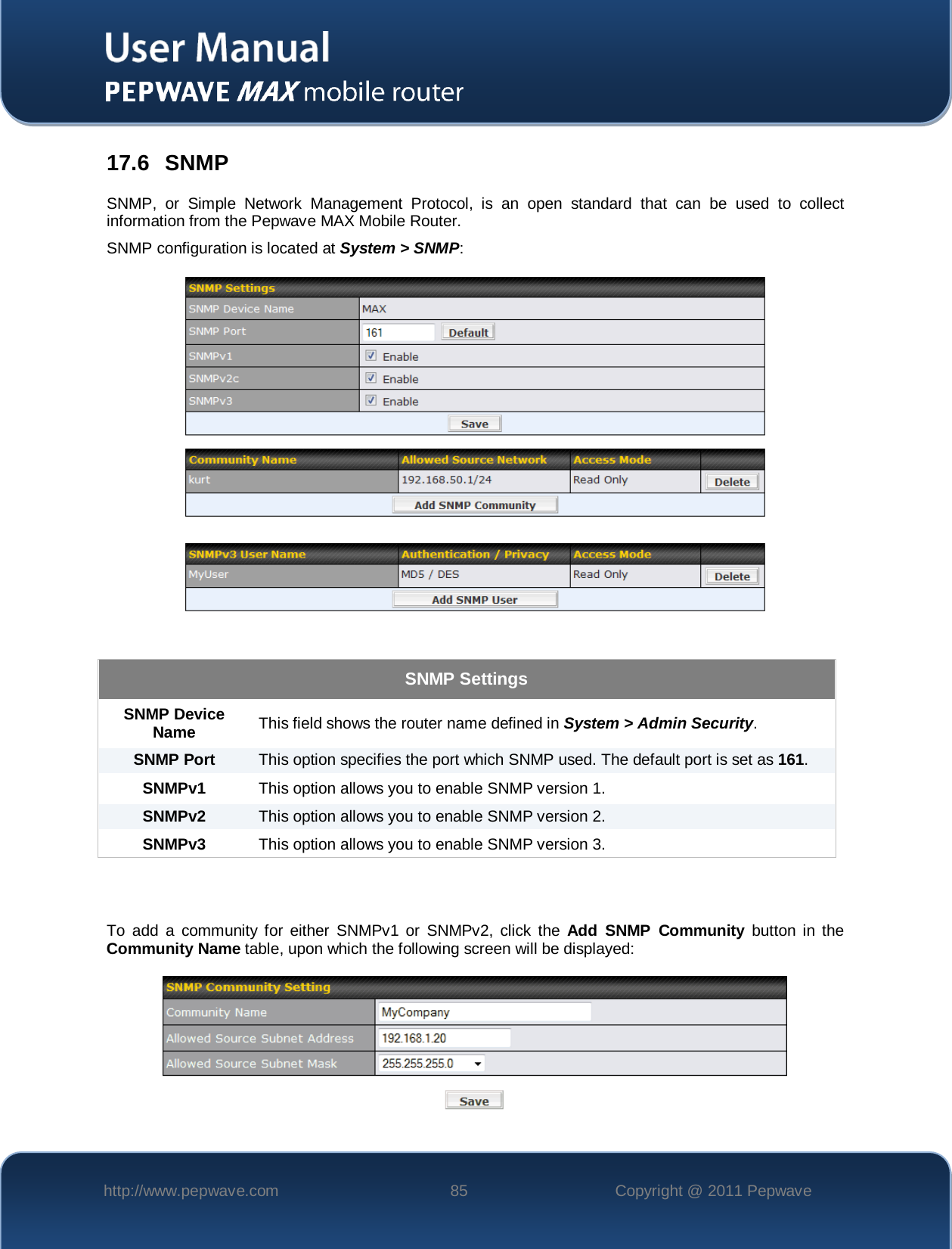    http://www.pepwave.com 85 Copyright @ 2011 Pepwave   17.6 SNMP SNMP, or Simple Network Management Protocol, is an open standard that can be used to collect information from the Pepwave MAX Mobile Router. SNMP configuration is located at System &gt; SNMP:   SNMP Settings SNMP Device Name  This field shows the router name defined in System &gt; Admin Security. SNMP Port This option specifies the port which SNMP used. The default port is set as 161. SNMPv1  This option allows you to enable SNMP version 1. SNMPv2  This option allows you to enable SNMP version 2. SNMPv3  This option allows you to enable SNMP version 3.   To add a community for either SNMPv1 or SNMPv2, click the Add SNMP Community button in the Community Name table, upon which the following screen will be displayed:  