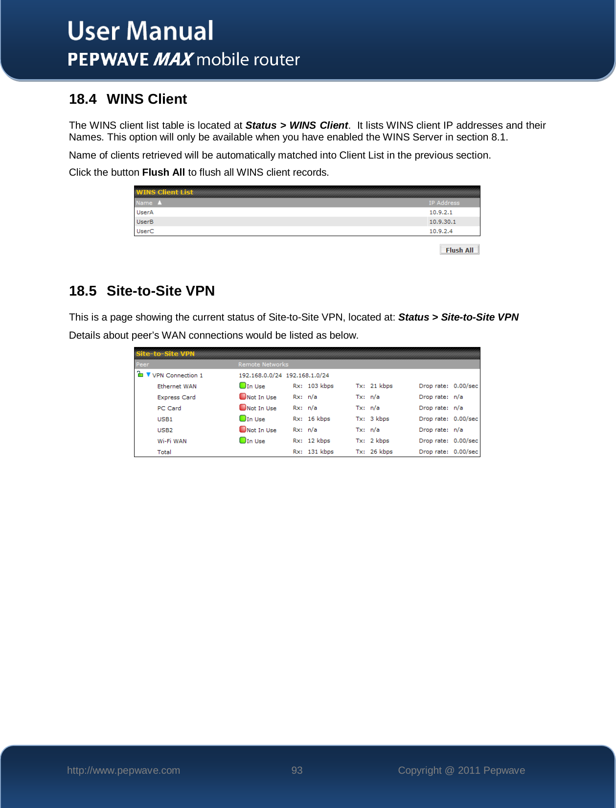    http://www.pepwave.com 93 Copyright @ 2011 Pepwave   18.4 WINS Client The WINS client list table is located at Status &gt; WINS Client.  It lists WINS client IP addresses and their Names. This option will only be available when you have enabled the WINS Server in section 8.1. Name of clients retrieved will be automatically matched into Client List in the previous section. Click the button Flush All to flush all WINS client records.   18.5 Site-to-Site VPN This is a page showing the current status of Site-to-Site VPN, located at: Status &gt; Site-to-Site VPN Details about peer’s WAN connections would be listed as below.  