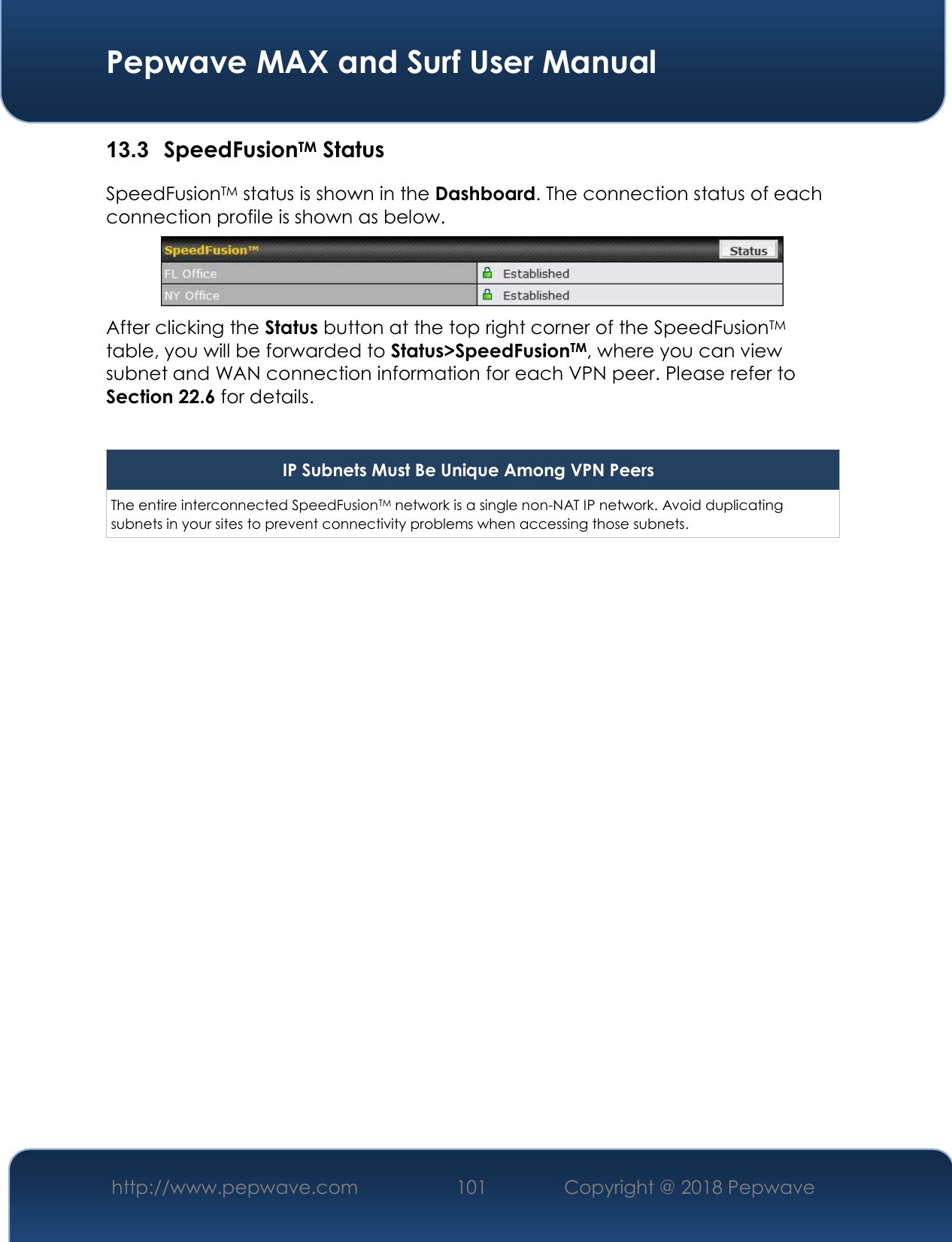  Pepwave MAX and Surf User Manual http://www.pepwave.com 101   Copyright @ 2018 Pepwave   13.3  SpeedFusionTM Status SpeedFusionTM status is shown in the Dashboard. The connection status of each connection profile is shown as below.  After clicking the Status button at the top right corner of the SpeedFusionTM table, you will be forwarded to Status&gt;SpeedFusionTM, where you can view subnet and WAN connection information for each VPN peer. Please refer to Section 22.6 for details.  IP Subnets Must Be Unique Among VPN Peers The entire interconnected SpeedFusionTM network is a single non-NAT IP network. Avoid duplicating subnets in your sites to prevent connectivity problems when accessing those subnets.    