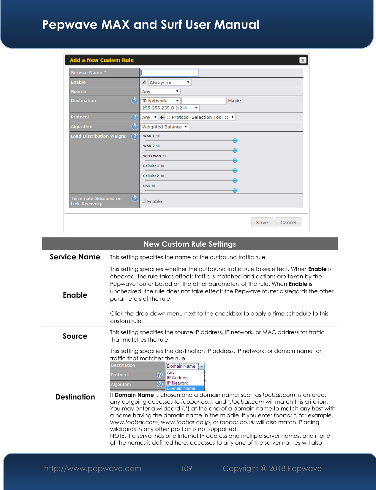  Pepwave MAX and Surf User Manual http://www.pepwave.com 109   Copyright @ 2018 Pepwave    New Custom Rule Settings Service Name This setting specifies the name of the outbound traffic rule. Enable This setting specifies whether the outbound traffic rule takes effect. When Enable is checked, the rule takes effect: traffic is matched and actions are taken by the Pepwave router based on the other parameters of the rule. When Enable is unchecked, the rule does not take effect: the Pepwave router disregards the other parameters of the rule.  Click the drop-down menu next to the checkbox to apply a time schedule to this custom rule. Source This setting specifies the source IP address, IP network, or MAC address for traffic that matches the rule. Destination This setting specifies the destination IP address, IP network, or domain name for traffic that matches the rule.  If Domain Name is chosen and a domain name, such as foobar.com, is entered, any outgoing accesses to foobar.com and *.foobar.com will match this criterion. You may enter a wildcard (.*) at the end of a domain name to match any host with a name having the domain name in the middle. If you enter foobar.*, for example, www.foobar.com, www.foobar.co.jp, or foobar.co.uk will also match. Placing wildcards in any other position is not supported. NOTE: if a server has one Internet IP address and multiple server names, and if one of the names is defined here, accesses to any one of the server names will also 