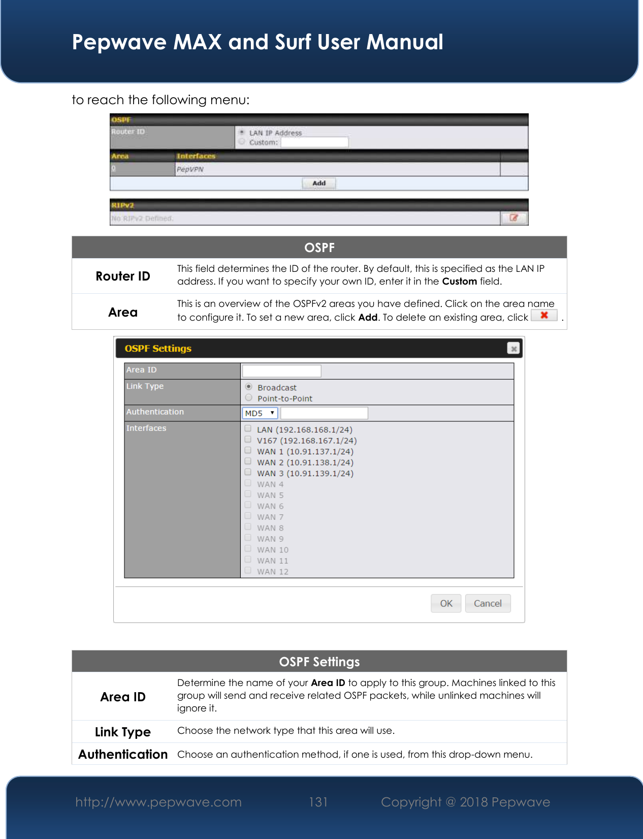  Pepwave MAX and Surf User Manual http://www.pepwave.com 131   Copyright @ 2018 Pepwave   to reach the following menu:  OSPF Router ID This field determines the ID of the router. By default, this is specified as the LAN IP address. If you want to specify your own ID, enter it in the Custom field. Area This is an overview of the OSPFv2 areas you have defined. Click on the area name to configure it. To set a new area, click Add. To delete an existing area, click   .   OSPF Settings Area ID Determine the name of your Area ID to apply to this group. Machines linked to this group will send and receive related OSPF packets, while unlinked machines will ignore it. Link Type Choose the network type that this area will use.  Authentication Choose an authentication method, if one is used, from this drop-down menu. 