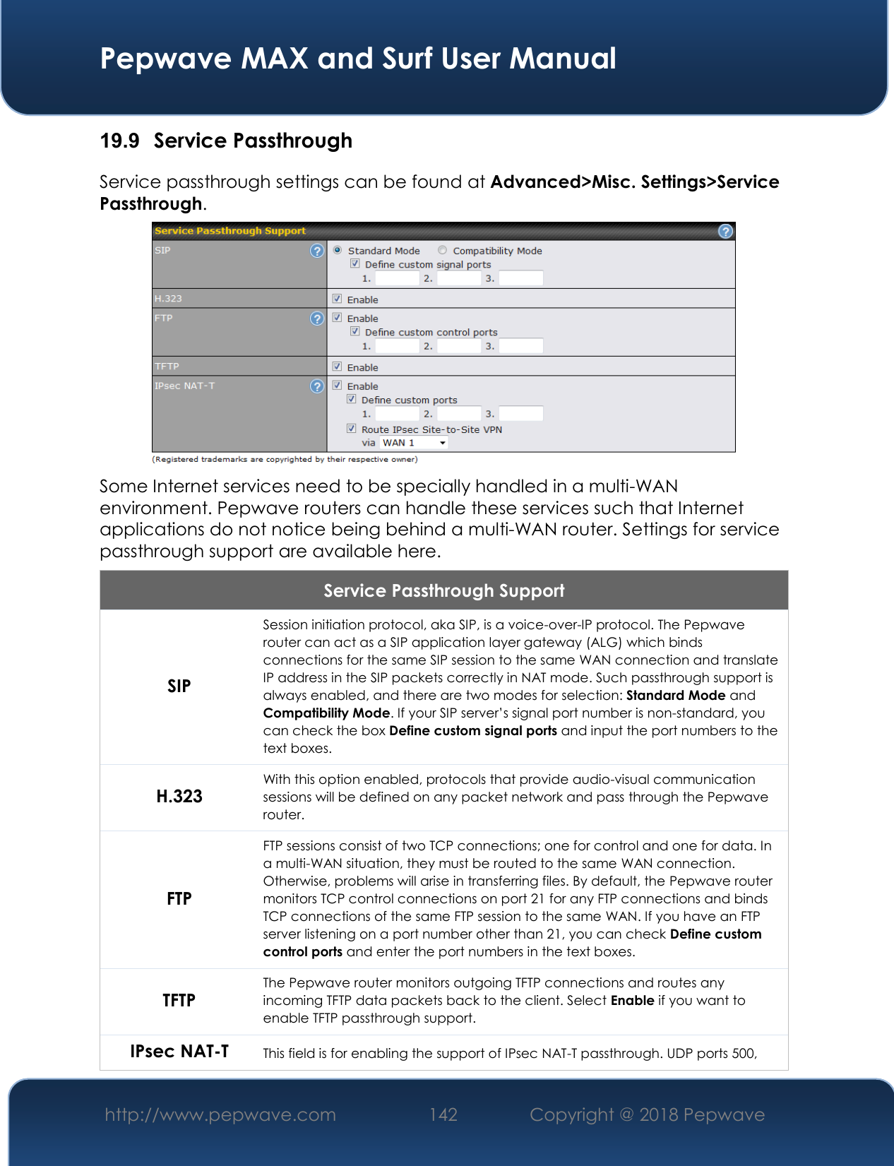  Pepwave MAX and Surf User Manual http://www.pepwave.com 142   Copyright @ 2018 Pepwave   19.9  Service Passthrough Service passthrough settings can be found at Advanced&gt;Misc. Settings&gt;Service Passthrough.  Some Internet services need to be specially handled in a multi-WAN environment. Pepwave routers can handle these services such that Internet applications do not notice being behind a multi-WAN router. Settings for service passthrough support are available here. Service Passthrough Support SIP Session initiation protocol, aka SIP, is a voice-over-IP protocol. The Pepwave router can act as a SIP application layer gateway (ALG) which binds connections for the same SIP session to the same WAN connection and translate IP address in the SIP packets correctly in NAT mode. Such passthrough support is always enabled, and there are two modes for selection: Standard Mode and Compatibility Mode. If your SIP server’s signal port number is non-standard, you can check the box Define custom signal ports and input the port numbers to the text boxes. H.323 With this option enabled, protocols that provide audio-visual communication sessions will be defined on any packet network and pass through the Pepwave router. FTP FTP sessions consist of two TCP connections; one for control and one for data. In a multi-WAN situation, they must be routed to the same WAN connection. Otherwise, problems will arise in transferring files. By default, the Pepwave router monitors TCP control connections on port 21 for any FTP connections and binds TCP connections of the same FTP session to the same WAN. If you have an FTP server listening on a port number other than 21, you can check Define custom control ports and enter the port numbers in the text boxes. TFTP The Pepwave router monitors outgoing TFTP connections and routes any incoming TFTP data packets back to the client. Select Enable if you want to enable TFTP passthrough support. IPsec NAT-T This field is for enabling the support of IPsec NAT-T passthrough. UDP ports 500, 