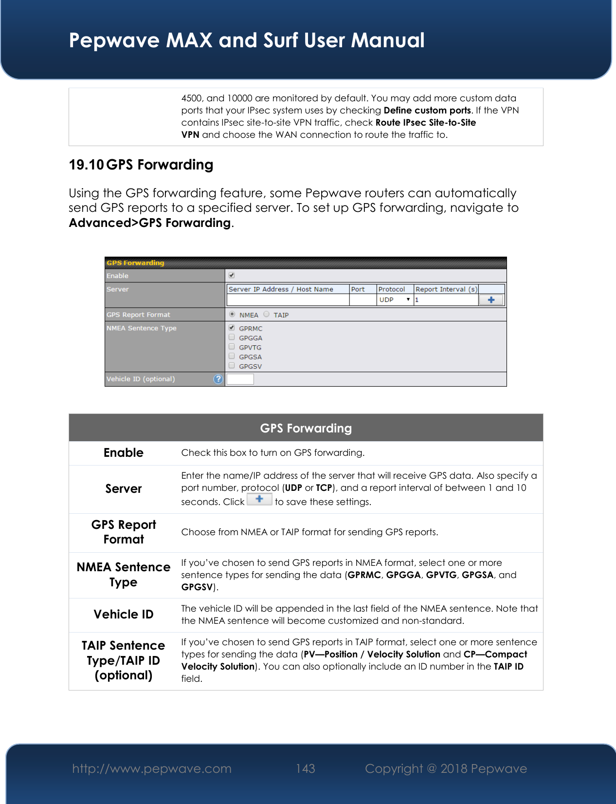  Pepwave MAX and Surf User Manual http://www.pepwave.com 143   Copyright @ 2018 Pepwave   4500, and 10000 are monitored by default. You may add more custom data ports that your IPsec system uses by checking Define custom ports. If the VPN contains IPsec site-to-site VPN traffic, check Route IPsec Site-to-Site VPN and choose the WAN connection to route the traffic to. 19.10 GPS Forwarding Using the GPS forwarding feature, some Pepwave routers can automatically send GPS reports to a specified server. To set up GPS forwarding, navigate to Advanced&gt;GPS Forwarding.    GPS Forwarding Enable Check this box to turn on GPS forwarding. Server Enter the name/IP address of the server that will receive GPS data. Also specify a port number, protocol (UDP or TCP), and a report interval of between 1 and 10 seconds. Click   to save these settings. GPS Report Format Choose from NMEA or TAIP format for sending GPS reports. NMEA Sentence Type If you’ve chosen to send GPS reports in NMEA format, select one or more sentence types for sending the data (GPRMC, GPGGA, GPVTG, GPGSA, and GPGSV). Vehicle ID The vehicle ID will be appended in the last field of the NMEA sentence. Note that the NMEA sentence will become customized and non-standard. TAIP Sentence Type/TAIP ID (optional) If you’ve chosen to send GPS reports in TAIP format, select one or more sentence types for sending the data (PV—Position / Velocity Solution and CP—Compact Velocity Solution). You can also optionally include an ID number in the TAIP ID field.     