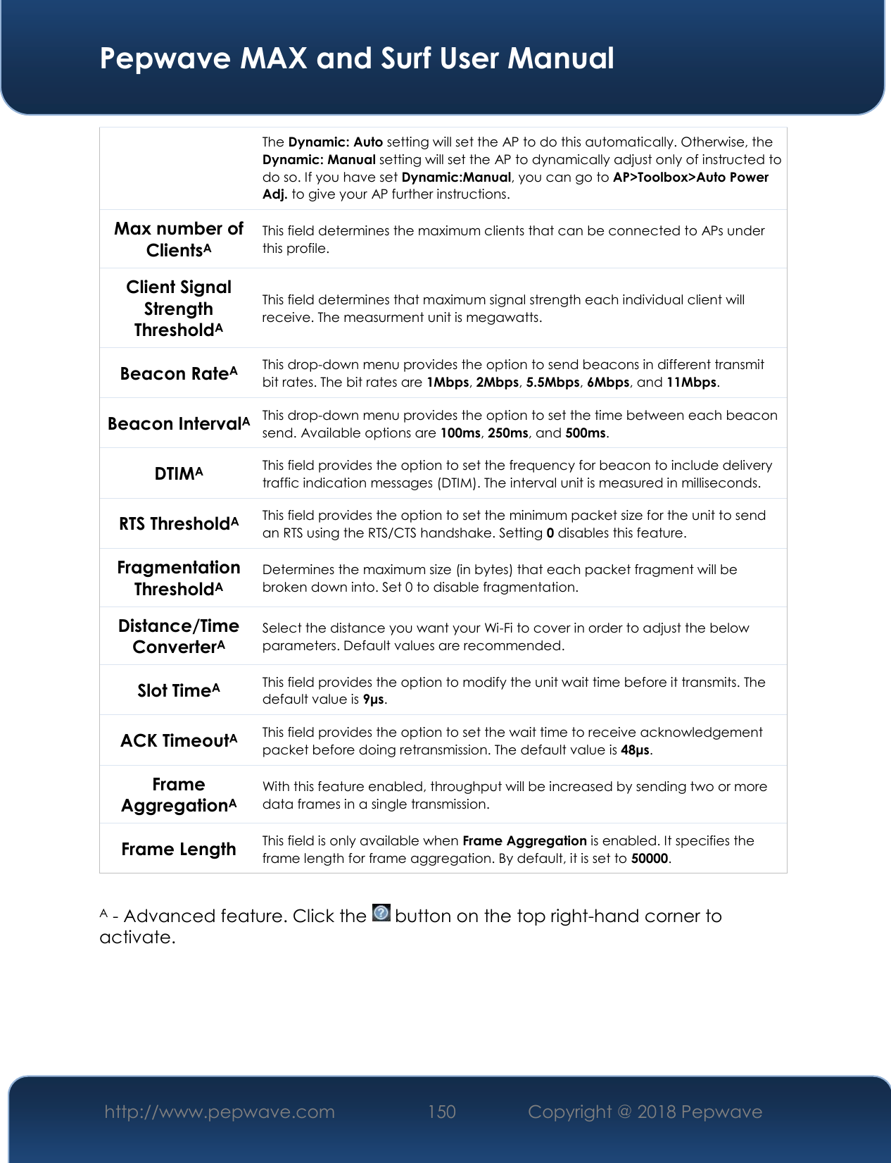  Pepwave MAX and Surf User Manual http://www.pepwave.com 150   Copyright @ 2018 Pepwave   The Dynamic: Auto setting will set the AP to do this automatically. Otherwise, the Dynamic: Manual setting will set the AP to dynamically adjust only of instructed to do so. If you have set Dynamic:Manual, you can go to AP&gt;Toolbox&gt;Auto Power Adj. to give your AP further instructions. Max number of ClientsA This field determines the maximum clients that can be connected to APs under this profile.  Client Signal Strength ThresholdA This field determines that maximum signal strength each individual client will receive. The measurment unit is megawatts. Beacon RateA This drop-down menu provides the option to send beacons in different transmit bit rates. The bit rates are 1Mbps, 2Mbps, 5.5Mbps, 6Mbps, and 11Mbps. Beacon IntervalA This drop-down menu provides the option to set the time between each beacon send. Available options are 100ms, 250ms, and 500ms. DTIMA This field provides the option to set the frequency for beacon to include delivery traffic indication messages (DTIM). The interval unit is measured in milliseconds. RTS ThresholdA This field provides the option to set the minimum packet size for the unit to send an RTS using the RTS/CTS handshake. Setting 0 disables this feature. Fragmentation ThresholdA Determines the maximum size (in bytes) that each packet fragment will be broken down into. Set 0 to disable fragmentation. Distance/Time ConverterA Select the distance you want your Wi-Fi to cover in order to adjust the below parameters. Default values are recommended. Slot TimeA This field provides the option to modify the unit wait time before it transmits. The default value is 9μs. ACK TimeoutA This field provides the option to set the wait time to receive acknowledgement packet before doing retransmission. The default value is 48μs. Frame AggregationA With this feature enabled, throughput will be increased by sending two or more data frames in a single transmission. Frame Length This field is only available when Frame Aggregation is enabled. It specifies the frame length for frame aggregation. By default, it is set to 50000.  A - Advanced feature. Click the   button on the top right-hand corner to activate. 