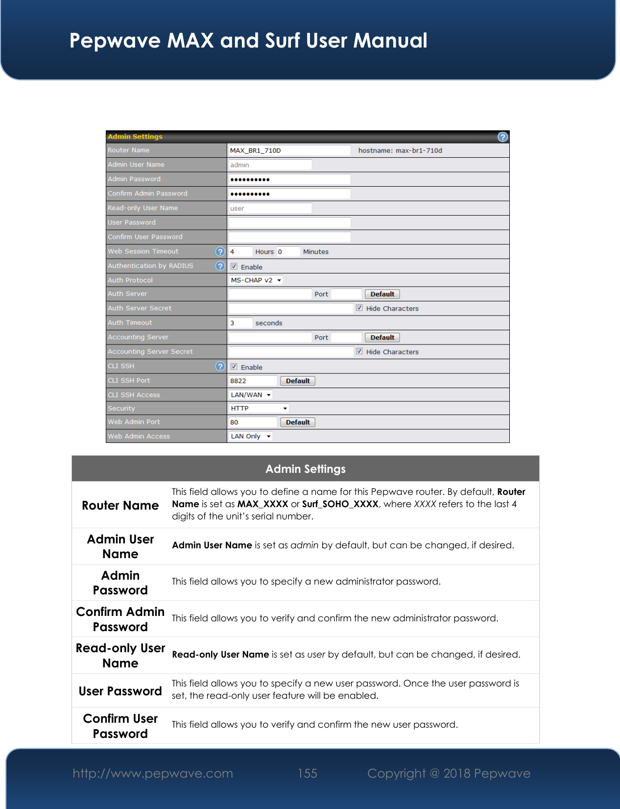  Pepwave MAX and Surf User Manual http://www.pepwave.com 155   Copyright @ 2018 Pepwave      Admin Settings Router Name This field allows you to define a name for this Pepwave router. By default, Router Name is set as MAX_XXXX or Surf_SOHO_XXXX, where XXXX refers to the last 4 digits of the unit’s serial number. Admin User Name Admin User Name is set as admin by default, but can be changed, if desired. Admin Password This field allows you to specify a new administrator password. Confirm Admin Password This field allows you to verify and confirm the new administrator password. Read-only User Name Read-only User Name is set as user by default, but can be changed, if desired. User Password This field allows you to specify a new user password. Once the user password is set, the read-only user feature will be enabled. Confirm User Password This field allows you to verify and confirm the new user password. 