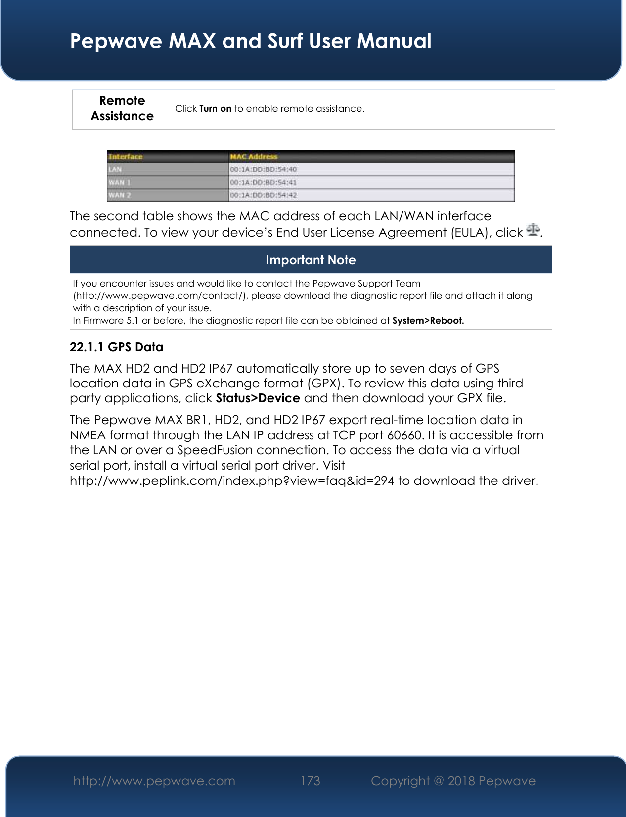  Pepwave MAX and Surf User Manual http://www.pepwave.com 173   Copyright @ 2018 Pepwave   Remote Assistance Click Turn on to enable remote assistance.   The second table shows the MAC address of each LAN/WAN interface connected. To view your device’s End User License Agreement (EULA), click  . Important Note If you encounter issues and would like to contact the Pepwave Support Team (http://www.pepwave.com/contact/), please download the diagnostic report file and attach it along with a description of your issue. In Firmware 5.1 or before, the diagnostic report file can be obtained at System&gt;Reboot. 22.1.1 GPS Data The MAX HD2 and HD2 IP67 automatically store up to seven days of GPS location data in GPS eXchange format (GPX). To review this data using third-party applications, click Status&gt;Device and then download your GPX file. The Pepwave MAX BR1, HD2, and HD2 IP67 export real-time location data in NMEA format through the LAN IP address at TCP port 60660. It is accessible from the LAN or over a SpeedFusion connection. To access the data via a virtual serial port, install a virtual serial port driver. Visit http://www.peplink.com/index.php?view=faq&amp;id=294 to download the driver.     