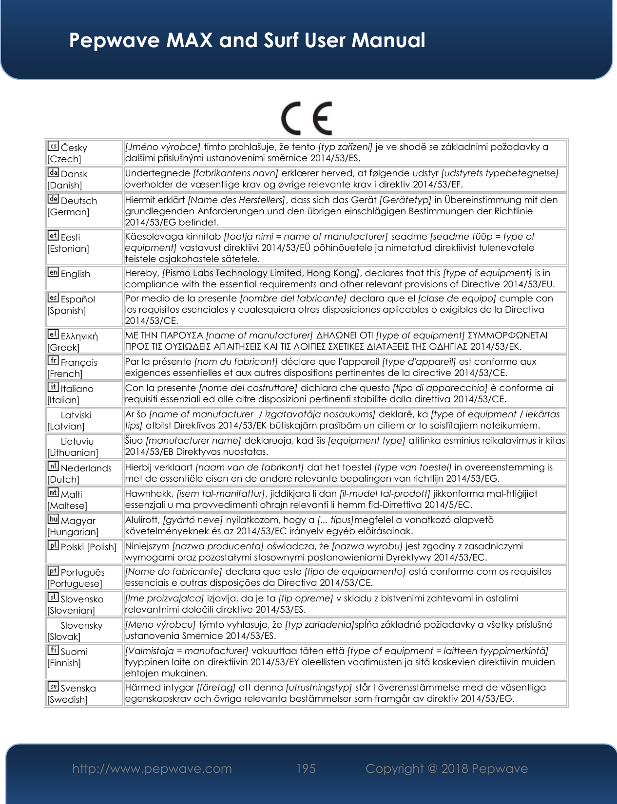  Pepwave MAX and Surf User Manual http://www.pepwave.com 195   Copyright @ 2018 Pepwave      Česky [Czech] [Jméno výrobce] tímto prohlašuje, že tento [typ zařízení] je ve shodě se základními požadavky a dalšími příslušnými ustanoveními směrnice 2014/53/ES. Dansk [Danish] Undertegnede [fabrikantens navn] erklærer herved, at følgende udstyr [udstyrets typebetegnelse] overholder de væsentlige krav og øvrige relevante krav i direktiv 2014/53/EF. Deutsch [German] Hiermit erklärt [Name des Herstellers], dass sich das Gerät [Gerätetyp] in Übereinstimmung mit den grundlegenden Anforderungen und den übrigen einschlägigen Bestimmungen der Richtlinie 2014/53/EG befindet. Eesti [Estonian] Käesolevaga kinnitab [tootja nimi = name of manufacturer] seadme [seadme tüüp = type of equipment] vastavust direktiivi 2014/53/EÜ põhinõuetele ja nimetatud direktiivist tulenevatele teistele asjakohastele sätetele. English Hereby, [Pismo Labs Technology Limited, Hong Kong], declares that this [type of equipment] is in compliance with the essential requirements and other relevant provisions of Directive 2014/53/EU. Español [Spanish] Por medio de la presente [nombre del fabricante] declara que el [clase de equipo] cumple con los requisitos esenciales y cualesquiera otras disposiciones aplicables o exigibles de la Directiva 2014/53/CE. Ελληνική [Greek] ΜΕ ΤΗΝ ΠΑΡΟΥΣΑ [name of manufacturer] ΔΗΛΩΝΕΙ ΟΤΙ [type of equipment] ΣΥΜΜΟΡΦΩΝΕΤΑΙ ΠΡΟΣ ΤΙΣ ΟΥΣΙΩΔΕΙΣ ΑΠΑΙΤΗΣΕΙΣ ΚΑΙ ΤΙΣ ΛΟΙΠΕΣ ΣΧΕΤΙΚΕΣ ΔΙΑΤΑΞΕΙΣ ΤΗΣ ΟΔΗΓΙΑΣ 2014/53/ΕΚ. Français [French] Par la présente [nom du fabricant] déclare que l&apos;appareil [type d&apos;appareil] est conforme aux exigences essentielles et aux autres dispositions pertinentes de la directive 2014/53/CE. Italiano [Italian] Con la presente [nome del costruttore] dichiara che questo [tipo di apparecchio] è conforme ai requisiti essenziali ed alle altre disposizioni pertinenti stabilite dalla direttiva 2014/53/CE. Latviski [Latvian] Ar šo [name of manufacturer  / izgatavotāja nosaukums] deklarē, ka [type of equipment / iekārtas tips] atbilst Direktīvas 2014/53/EK būtiskajām prasībām un citiem ar to saistītajiem noteikumiem. Lietuvių [Lithuanian]  Šiuo [manufacturer name] deklaruoja, kad šis [equipment type] atitinka esminius reikalavimus ir kitas 2014/53/EB Direktyvos nuostatas. Nederlands [Dutch] Hierbij verklaart [naam van de fabrikant] dat het toestel [type van toestel] in overeenstemming is met de essentiële eisen en de andere relevante bepalingen van richtlijn 2014/53/EG. Malti [Maltese] Hawnhekk, [isem tal-manifattur], jiddikjara li dan [il-mudel tal-prodott] jikkonforma mal-ħtiġijiet essenzjali u ma provvedimenti oħrajn relevanti li hemm fid-Dirrettiva 2014/5/EC. Magyar [Hungarian] Alulírott, [gyártó neve] nyilatkozom, hogy a [... típus]megfelel a vonatkozó alapvetõ követelményeknek és az 2014/53/EC irányelv egyéb elõírásainak. Polski [Polish] Niniejszym [nazwa producenta] oświadcza, że [nazwa wyrobu] jest zgodny z zasadniczymi wymogami oraz pozostałymi stosownymi postanowieniami Dyrektywy 2014/53/EC. Português [Portuguese] [Nome do fabricante] declara que este [tipo de equipamento] está conforme com os requisitos essenciais e outras disposições da Directiva 2014/53/CE. Slovensko [Slovenian] [Ime proizvajalca] izjavlja, da je ta [tip opreme] v skladu z bistvenimi zahtevami in ostalimi relevantnimi določili direktive 2014/53/ES. Slovensky [Slovak] [Meno výrobcu] týmto vyhlasuje, že [typ zariadenia]spĺňa základné požiadavky a všetky príslušné ustanovenia Smernice 2014/53/ES. Suomi [Finnish] [Valmistaja = manufacturer] vakuuttaa täten että [type of equipment = laitteen tyyppimerkintä] tyyppinen laite on direktiivin 2014/53/EY oleellisten vaatimusten ja sitä koskevien direktiivin muiden ehtojen mukainen. Svenska [Swedish] Härmed intygar [företag] att denna [utrustningstyp] står I överensstämmelse med de väsentliga egenskapskrav och övriga relevanta bestämmelser som framgår av direktiv 2014/53/EG.  