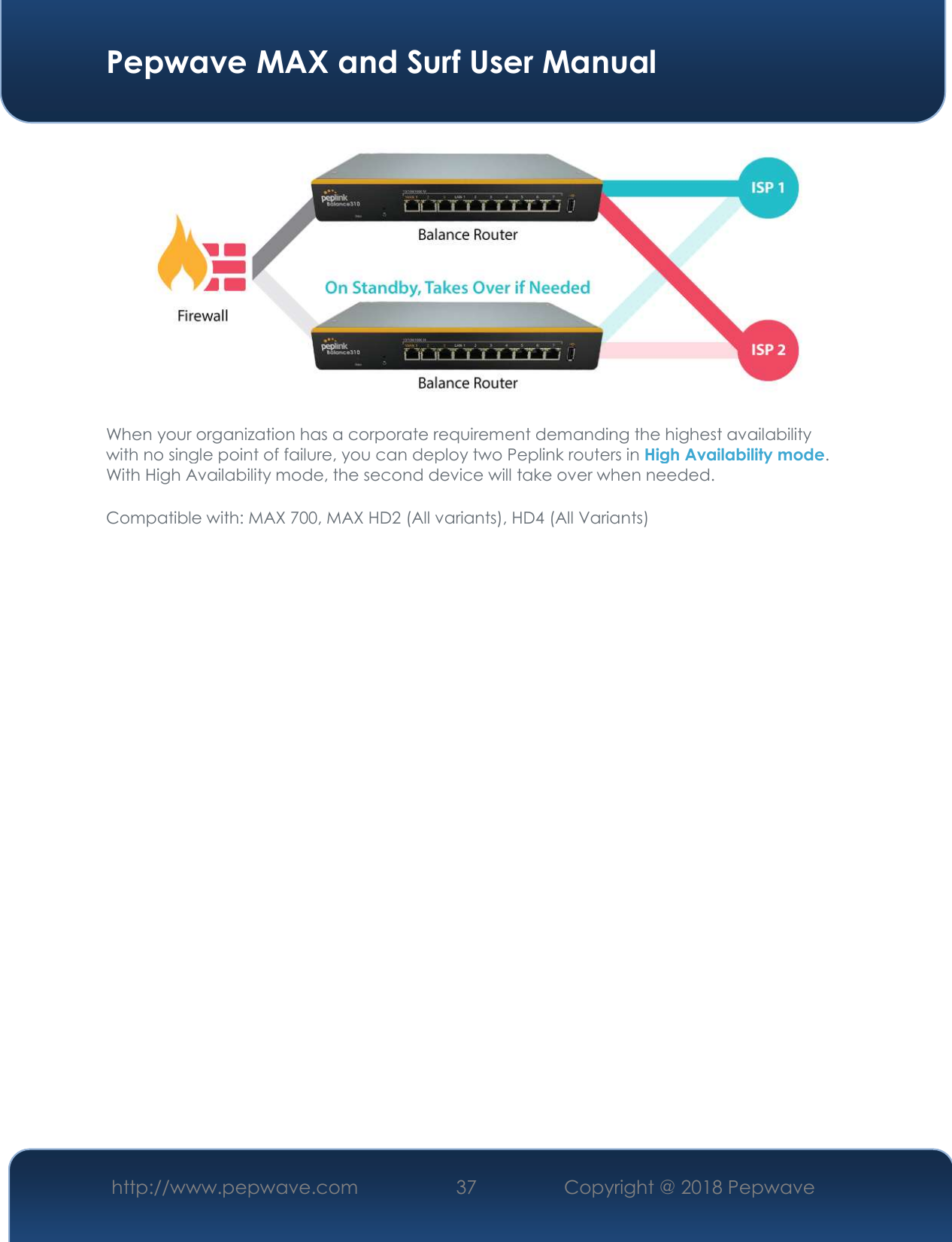  Pepwave MAX and Surf User Manual http://www.pepwave.com 37   Copyright @ 2018 Pepwave     When your organization has a corporate requirement demanding the highest availability with no single point of failure, you can deploy two Peplink routers in High Availability mode. With High Availability mode, the second device will take over when needed.  Compatible with: MAX 700, MAX HD2 (All variants), HD4 (All Variants)   