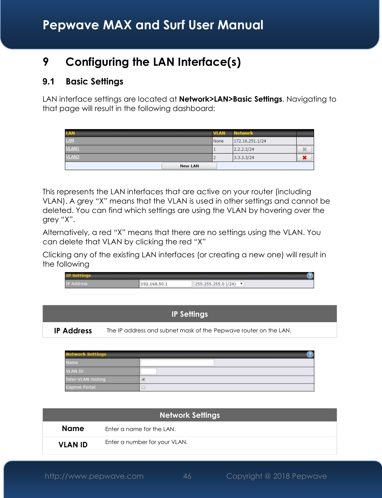  Pepwave MAX and Surf User Manual http://www.pepwave.com 46   Copyright @ 2018 Pepwave   9 Configuring the LAN Interface(s) 9.1  Basic Settings LAN interface settings are located at Network&gt;LAN&gt;Basic Settings. Navigating to that page will result in the following dashboard:    This represents the LAN interfaces that are active on your router (including VLAN). A grey “X” means that the VLAN is used in other settings and cannot be deleted. You can find which settings are using the VLAN by hovering over the grey “X”. Alternatively, a red “X” means that there are no settings using the VLAN. You can delete that VLAN by clicking the red “X” Clicking any of the existing LAN interfaces (or creating a new one) will result in the following    IP Settings IP Address The IP address and subnet mask of the Pepwave router on the LAN.    Network Settings Name Enter a name for the LAN. VLAN ID Enter a number for your VLAN. 