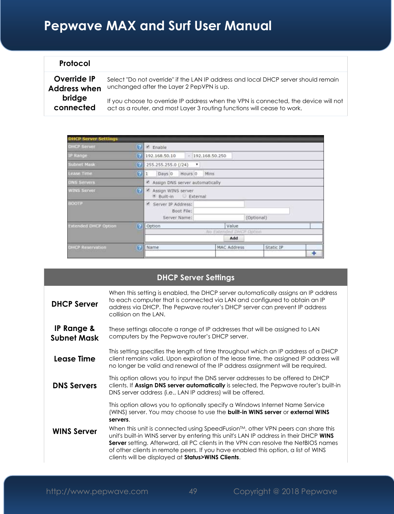  Pepwave MAX and Surf User Manual http://www.pepwave.com 49   Copyright @ 2018 Pepwave   Protocol Override IP Address when bridge connected Select &quot;Do not override&quot; if the LAN IP address and local DHCP server should remain unchanged after the Layer 2 PepVPN is up.  If you choose to override IP address when the VPN is connected, the device will not act as a router, and most Layer 3 routing functions will cease to work.     DHCP Server Settings DHCP Server When this setting is enabled, the DHCP server automatically assigns an IP address to each computer that is connected via LAN and configured to obtain an IP address via DHCP. The Pepwave router’s DHCP server can prevent IP address collision on the LAN. IP Range &amp; Subnet Mask These settings allocate a range of IP addresses that will be assigned to LAN computers by the Pepwave router’s DHCP server. Lease Time This setting specifies the length of time throughout which an IP address of a DHCP client remains valid. Upon expiration of the lease time, the assigned IP address will no longer be valid and renewal of the IP address assignment will be required. DNS Servers This option allows you to input the DNS server addresses to be offered to DHCP clients. If Assign DNS server automatically is selected, the Pepwave router’s built-in DNS server address (i.e., LAN IP address) will be offered. WINS Server This option allows you to optionally specify a Windows Internet Name Service (WINS) server. You may choose to use the built-in WINS server or external WINS servers. When this unit is connected using SpeedFusionTM, other VPN peers can share this unit&apos;s built-in WINS server by entering this unit&apos;s LAN IP address in their DHCP WINS Server setting. Afterward, all PC clients in the VPN can resolve the NetBIOS names of other clients in remote peers. If you have enabled this option, a list of WINS clients will be displayed at Status&gt;WINS Clients. 