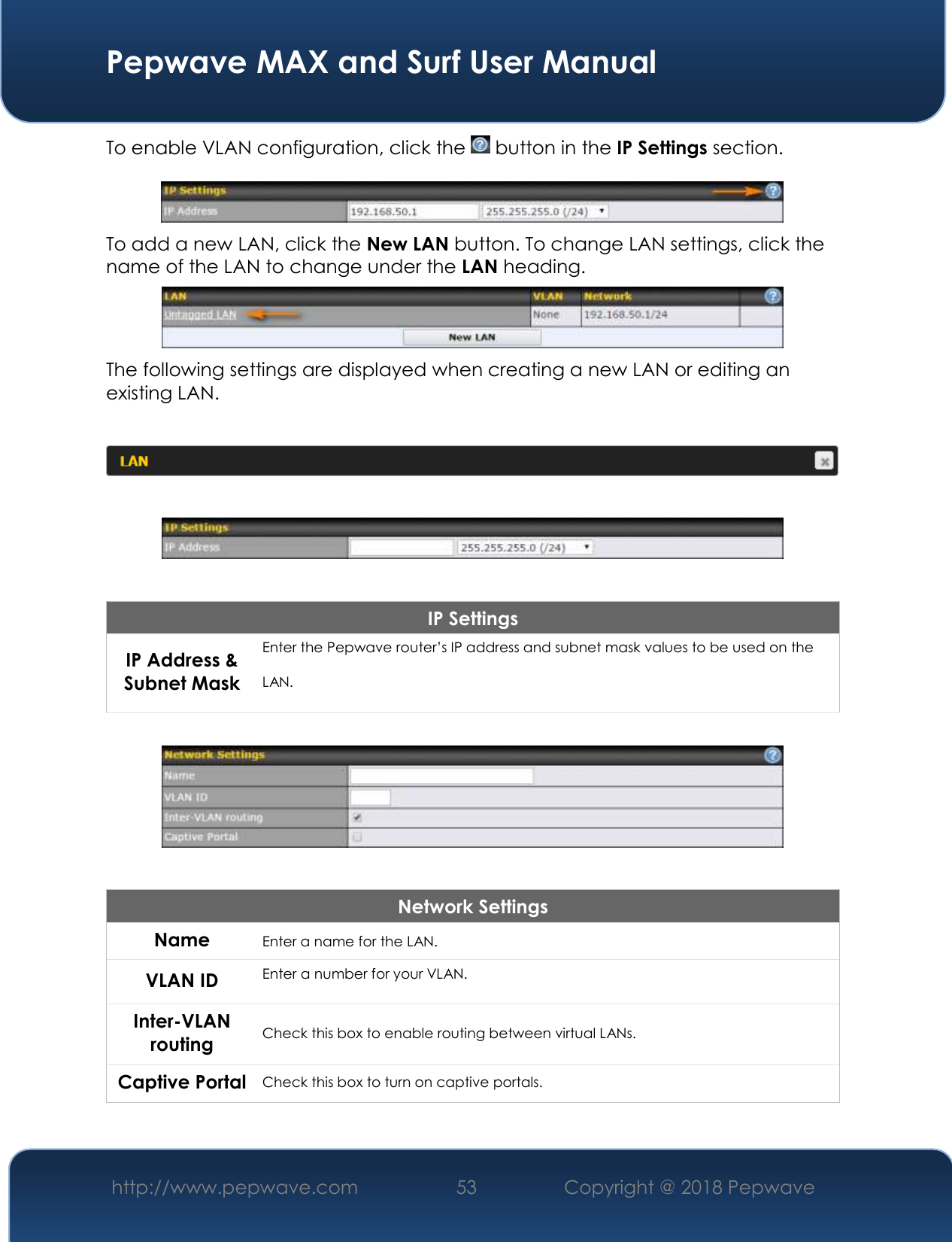  Pepwave MAX and Surf User Manual http://www.pepwave.com 53   Copyright @ 2018 Pepwave   To enable VLAN configuration, click the   button in the IP Settings section.    To add a new LAN, click the New LAN button. To change LAN settings, click the name of the LAN to change under the LAN heading.  The following settings are displayed when creating a new LAN or editing an existing LAN.      IP Settings IP Address &amp; Subnet Mask Enter the Pepwave router’s IP address and subnet mask values to be used on the LAN.    Network Settings Name Enter a name for the LAN. VLAN ID Enter a number for your VLAN. Inter-VLAN routing Check this box to enable routing between virtual LANs. Captive Portal Check this box to turn on captive portals.  