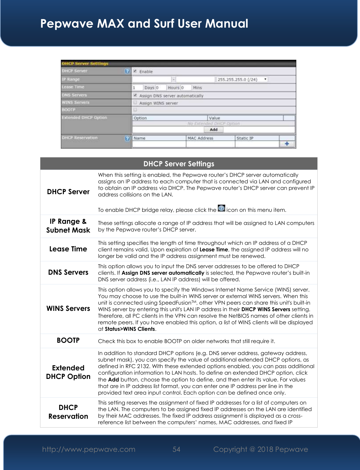  Pepwave MAX and Surf User Manual http://www.pepwave.com 54   Copyright @ 2018 Pepwave      DHCP Server Settings DHCP Server When this setting is enabled, the Pepwave router’s DHCP server automatically assigns an IP address to each computer that is connected via LAN and configured to obtain an IP address via DHCP. The Pepwave router’s DHCP server can prevent IP address collisions on the LAN.   To enable DHCP bridge relay, please click the   icon on this menu item. IP Range &amp; Subnet Mask These settings allocate a range of IP address that will be assigned to LAN computers by the Pepwave router’s DHCP server. Lease Time This setting specifies the length of time throughout which an IP address of a DHCP client remains valid. Upon expiration of Lease Time, the assigned IP address will no longer be valid and the IP address assignment must be renewed. DNS Servers This option allows you to input the DNS server addresses to be offered to DHCP clients. If Assign DNS server automatically is selected, the Pepwave router’s built-in DNS server address (i.e., LAN IP address) will be offered. WINS Servers This option allows you to specify the Windows Internet Name Service (WINS) server. You may choose to use the built-in WINS server or external WINS servers. When this unit is connected using SpeedFusionTM, other VPN peers can share this unit&apos;s built-in WINS server by entering this unit&apos;s LAN IP address in their DHCP WINS Servers setting. Therefore, all PC clients in the VPN can resolve the NetBIOS names of other clients in remote peers. If you have enabled this option, a list of WINS clients will be displayed at Status&gt;WINS Clients. BOOTP Check this box to enable BOOTP on older networks that still require it. Extended DHCP Option In addition to standard DHCP options (e.g. DNS server address, gateway address, subnet mask), you can specify the value of additional extended DHCP options, as defined in RFC 2132. With these extended options enabled, you can pass additional configuration information to LAN hosts. To define an extended DHCP option, click the Add button, choose the option to define, and then enter its value. For values that are in IP address list format, you can enter one IP address per line in the provided text area input control. Each option can be defined once only. DHCP Reservation This setting reserves the assignment of fixed IP addresses for a list of computers on the LAN. The computers to be assigned fixed IP addresses on the LAN are identified by their MAC addresses. The fixed IP address assignment is displayed as a cross-reference list between the computers’ names, MAC addresses, and fixed IP 