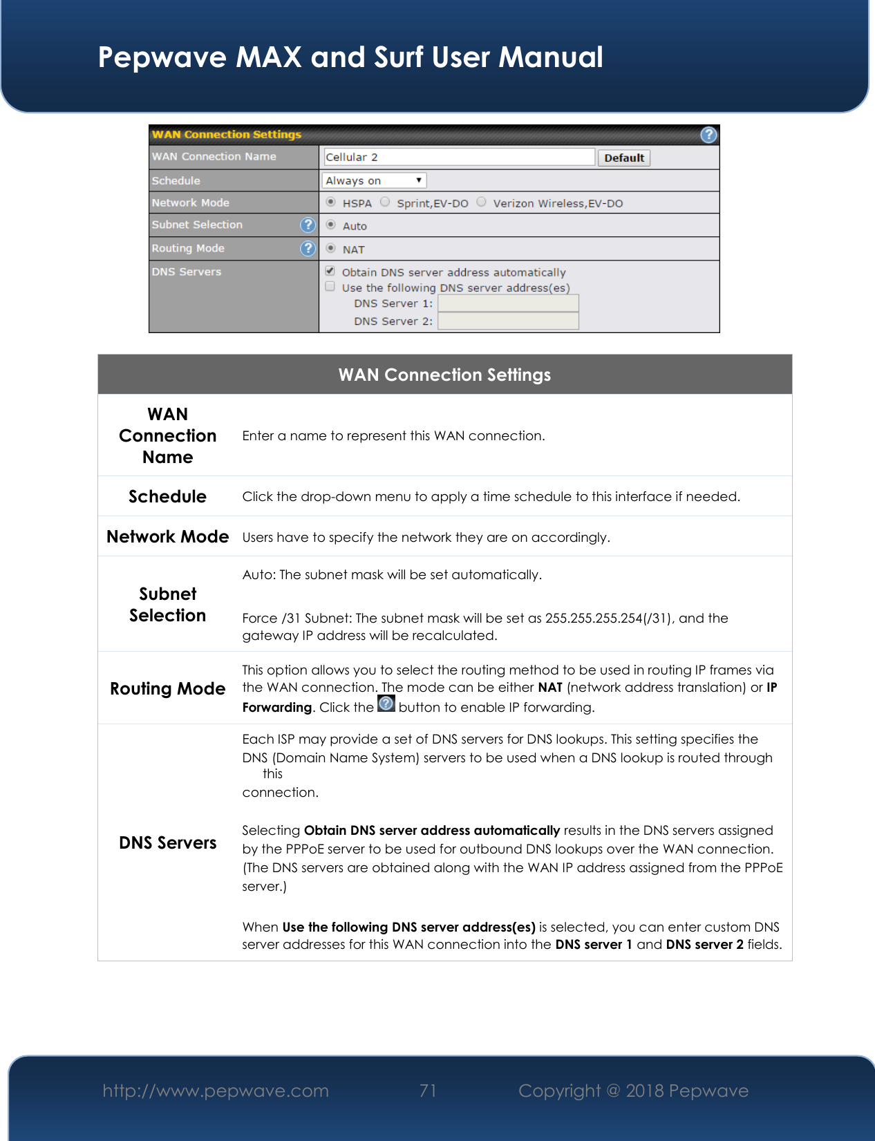  Pepwave MAX and Surf User Manual http://www.pepwave.com 71   Copyright @ 2018 Pepwave     WAN Connection Settings WAN Connection Name Enter a name to represent this WAN connection. Schedule Click the drop-down menu to apply a time schedule to this interface if needed. Network Mode Users have to specify the network they are on accordingly. Subnet Selection Auto: The subnet mask will be set automatically.  Force /31 Subnet: The subnet mask will be set as 255.255.255.254(/31), and the gateway IP address will be recalculated. Routing Mode This option allows you to select the routing method to be used in routing IP frames via the WAN connection. The mode can be either NAT (network address translation) or IP Forwarding. Click the   button to enable IP forwarding. DNS Servers Each ISP may provide a set of DNS servers for DNS lookups. This setting specifies the DNS (Domain Name System) servers to be used when a DNS lookup is routed through this connection.   Selecting Obtain DNS server address automatically results in the DNS servers assigned by the PPPoE server to be used for outbound DNS lookups over the WAN connection.  (The DNS servers are obtained along with the WAN IP address assigned from the PPPoE server.)   When Use the following DNS server address(es) is selected, you can enter custom DNS server addresses for this WAN connection into the DNS server 1 and DNS server 2 fields.     