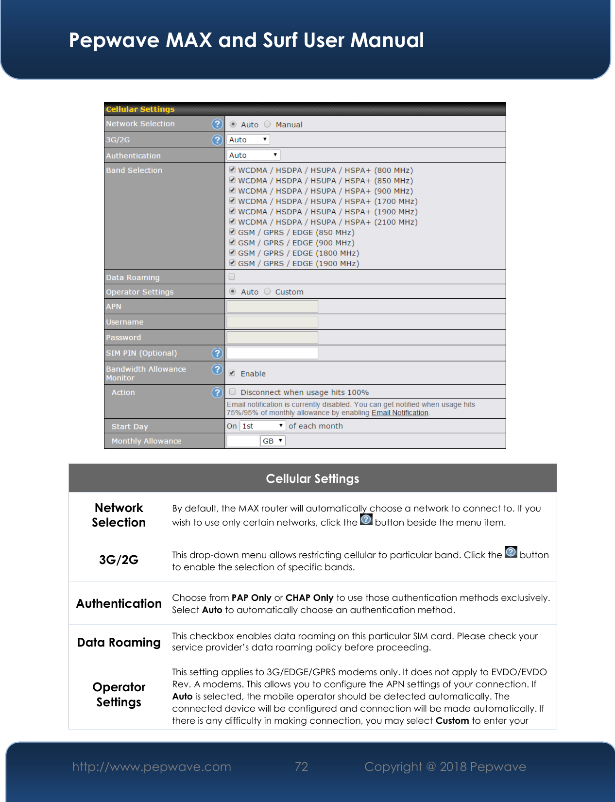  Pepwave MAX and Surf User Manual http://www.pepwave.com 72   Copyright @ 2018 Pepwave      Cellular Settings Network Selection By default, the MAX router will automatically choose a network to connect to. If you wish to use only certain networks, click the   button beside the menu item. 3G/2G This drop-down menu allows restricting cellular to particular band. Click the   button to enable the selection of specific bands. Authentication Choose from PAP Only or CHAP Only to use those authentication methods exclusively. Select Auto to automatically choose an authentication method. Data Roaming This checkbox enables data roaming on this particular SIM card. Please check your service provider’s data roaming policy before proceeding. Operator Settings This setting applies to 3G/EDGE/GPRS modems only. It does not apply to EVDO/EVDO Rev. A modems. This allows you to configure the APN settings of your connection. If Auto is selected, the mobile operator should be detected automatically. The connected device will be configured and connection will be made automatically. If there is any difficulty in making connection, you may select Custom to enter your 