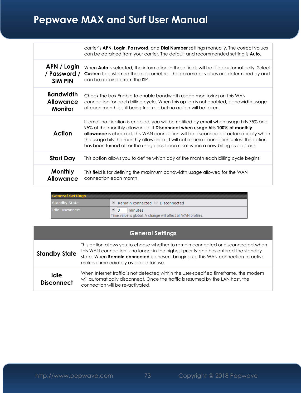  Pepwave MAX and Surf User Manual http://www.pepwave.com 73   Copyright @ 2018 Pepwave   carrier’s APN, Login, Password, and Dial Number settings manually. The correct values can be obtained from your carrier. The default and recommended setting is Auto. APN / Login / Password / SIM PIN When Auto is selected, the information in these fields will be filled automatically. Select  Custom to customize these parameters. The parameter values are determined by and can be obtained from the ISP. Bandwidth Allowance Monitor Check the box Enable to enable bandwidth usage monitoring on this WAN connection for each billing cycle. When this option is not enabled, bandwidth usage of each month is still being tracked but no action will be taken. Action If email notification is enabled, you will be notified by email when usage hits 75% and 95% of the monthly allowance. If Disconnect when usage hits 100% of monthly allowance is checked, this WAN connection will be disconnected automatically when the usage hits the monthly allowance. It will not resume connection unless this option has been turned off or the usage has been reset when a new billing cycle starts. Start Day This option allows you to define which day of the month each billing cycle begins.  Monthly Allowance This field is for defining the maximum bandwidth usage allowed for the WAN connection each month.    General Settings Standby State This option allows you to choose whether to remain connected or disconnected when this WAN connection is no longer in the highest priority and has entered the standby state. When Remain connected is chosen, bringing up this WAN connection to active makes it immediately available for use. Idle Disconnect When Internet traffic is not detected within the user-specified timeframe, the modem will automatically disconnect. Once the traffic is resumed by the LAN host, the connection will be re-activated.       