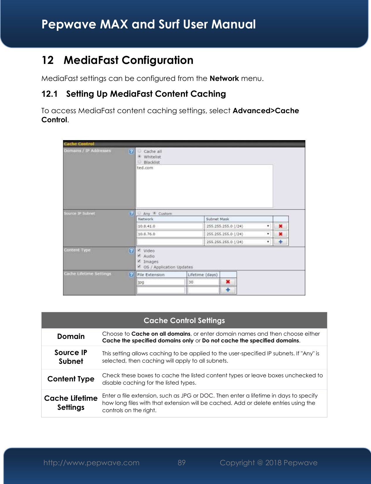  Pepwave MAX and Surf User Manual http://www.pepwave.com 89   Copyright @ 2018 Pepwave   12 MediaFast Configuration MediaFast settings can be configured from the Network menu. 12.1   Setting Up MediaFast Content Caching To access MediaFast content caching settings, select Advanced&gt;Cache Control.    Cache Control Settings Domain Choose to Cache on all domains, or enter domain names and then choose either Cache the specified domains only or Do not cache the specified domains. Source IP Subnet This setting allows caching to be applied to the user-specified IP subnets. If &quot;Any&quot; is selected, then caching will apply to all subnets. Content Type Check these boxes to cache the listed content types or leave boxes unchecked to disable caching for the listed types. Cache Lifetime Settings Enter a file extension, such as JPG or DOC. Then enter a lifetime in days to specify how long files with that extension will be cached. Add or delete entries using the controls on the right.   