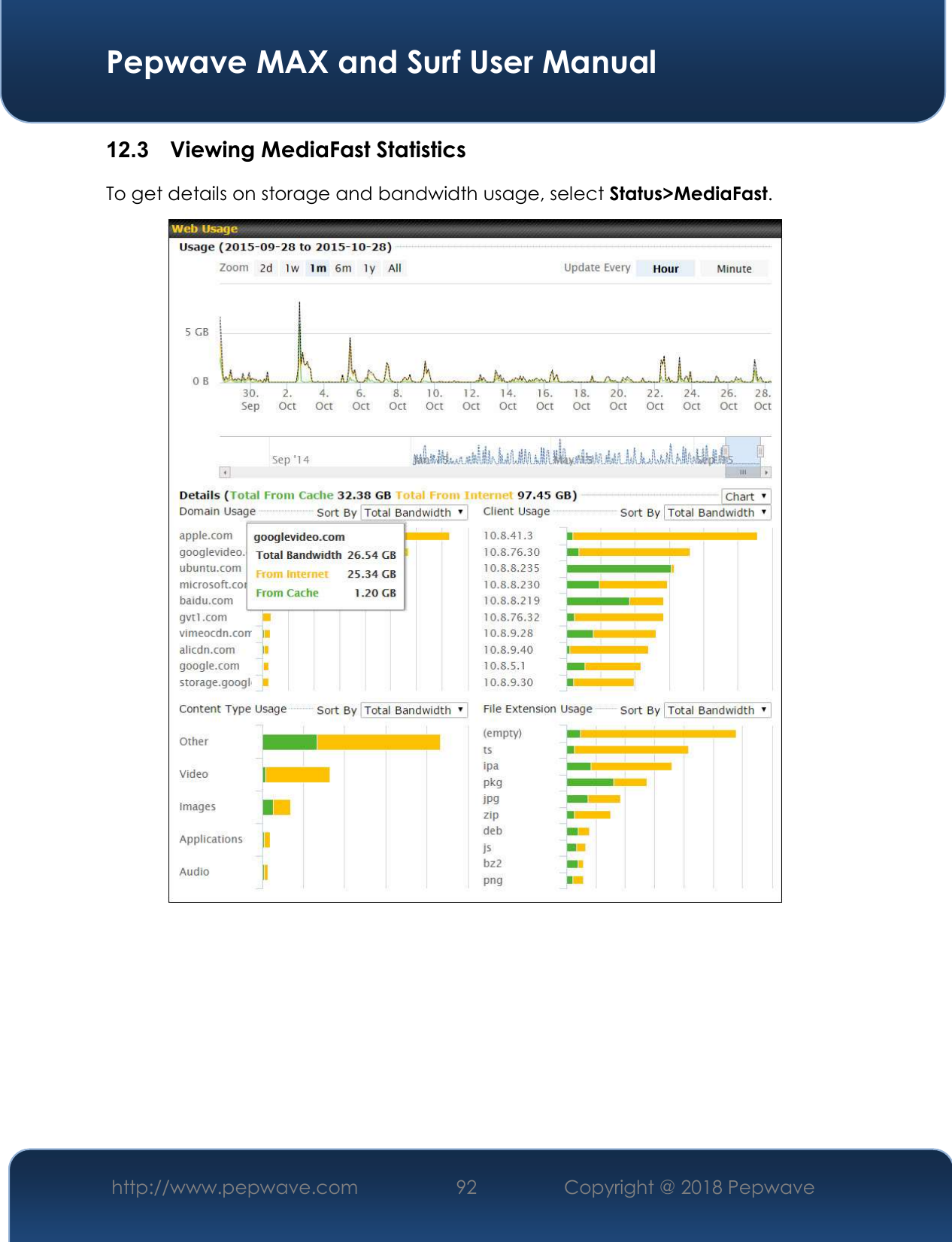  Pepwave MAX and Surf User Manual http://www.pepwave.com 92   Copyright @ 2018 Pepwave   12.3   Viewing MediaFast Statistics To get details on storage and bandwidth usage, select Status&gt;MediaFast.           