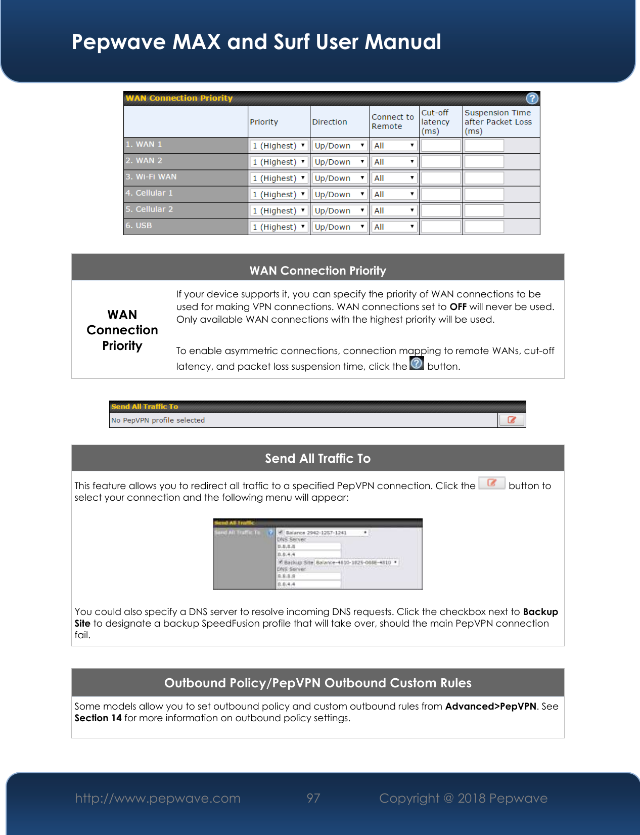  Pepwave MAX and Surf User Manual http://www.pepwave.com 97   Copyright @ 2018 Pepwave    8.41   WAN Connection Priority WAN Connection Priority If your device supports it, you can specify the priority of WAN connections to be used for making VPN connections. WAN connections set to OFF will never be used. Only available WAN connections with the highest priority will be used.   To enable asymmetric connections, connection mapping to remote WANs, cut-off latency, and packet loss suspension time, click the   button.    Send All Traffic To This feature allows you to redirect all traffic to a specified PepVPN connection. Click the   button to select your connection and the following menu will appear:    You could also specify a DNS server to resolve incoming DNS requests. Click the checkbox next to Backup Site to designate a backup SpeedFusion profile that will take over, should the main PepVPN connection fail.  Outbound Policy/PepVPN Outbound Custom Rules Some models allow you to set outbound policy and custom outbound rules from Advanced&gt;PepVPN. See Section 14 for more information on outbound policy settings.   