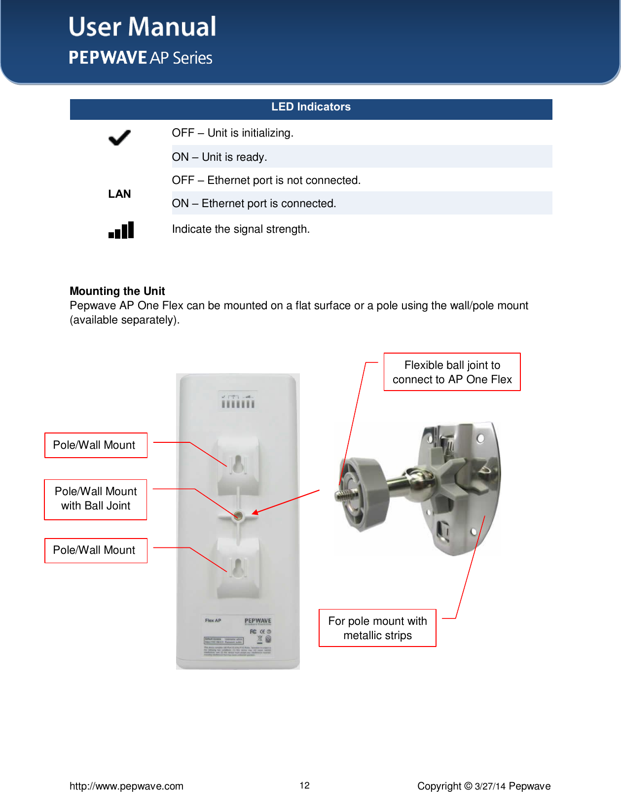 User Manual    http://www.pepwave.com 12 Copyright ©  3/27/14 Pepwave  LED Indicators  OFF – Unit is initializing. ON – Unit is ready. LAN OFF – Ethernet port is not connected. ON – Ethernet port is connected.  Indicate the signal strength.   Mounting the Unit Pepwave AP One Flex can be mounted on a flat surface or a pole using the wall/pole mount (available separately).                             Pole/Wall Mount Pole/Wall Mount with Ball Joint Pole/Wall Mount Flexible ball joint to connect to AP One Flex  For pole mount with metallic strips  