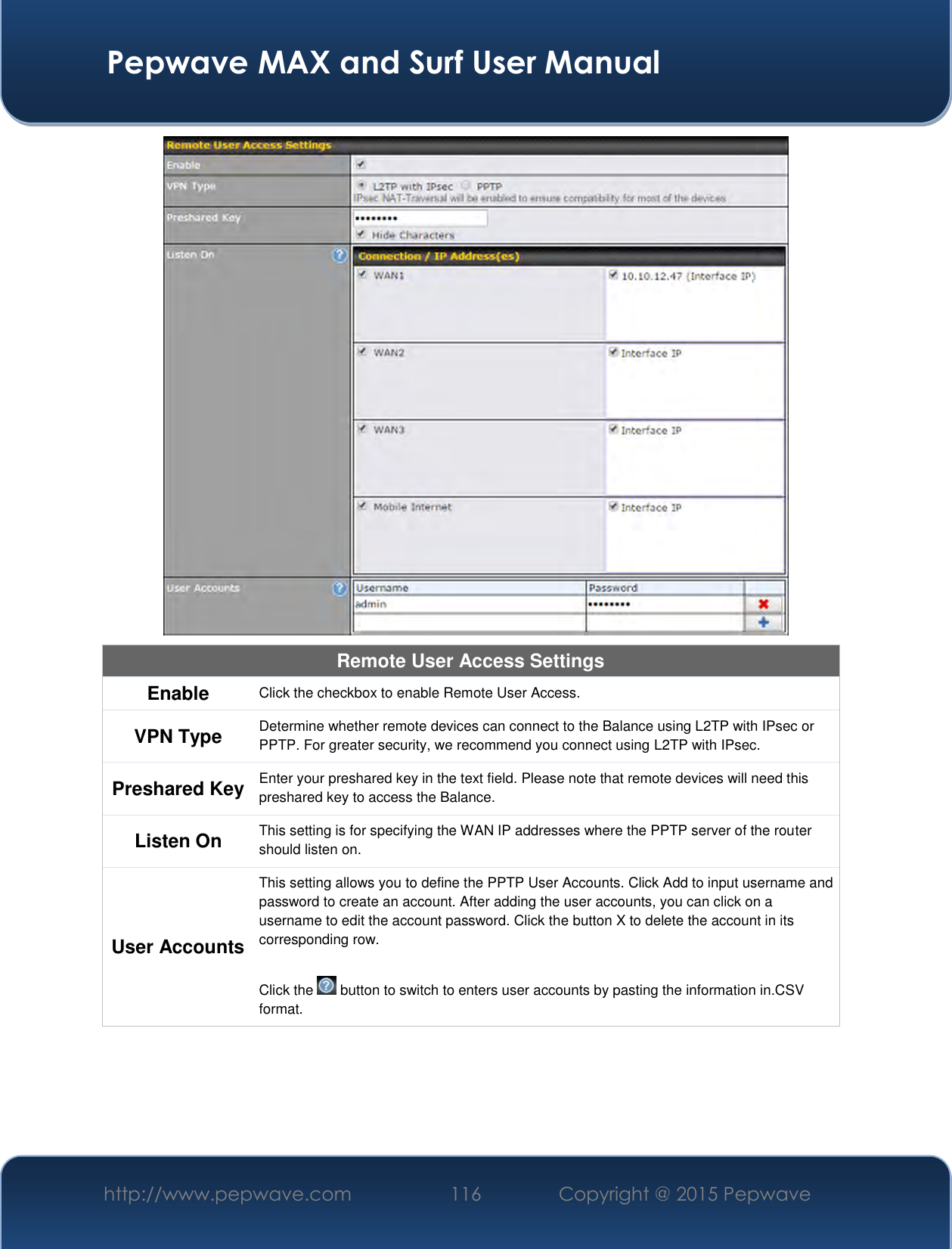  Pepwave MAX and Surf User Manual http://www.pepwave.com 116   Copyright @ 2015 Pepwave    Remote User Access Settings Enable Click the checkbox to enable Remote User Access. VPN Type Determine whether remote devices can connect to the Balance using L2TP with IPsec or PPTP. For greater security, we recommend you connect using L2TP with IPsec. Preshared Key Enter your preshared key in the text field. Please note that remote devices will need this preshared key to access the Balance. Listen On This setting is for specifying the WAN IP addresses where the PPTP server of the router should listen on. User Accounts This setting allows you to define the PPTP User Accounts. Click Add to input username and password to create an account. After adding the user accounts, you can click on a username to edit the account password. Click the button X to delete the account in its corresponding row.  Click the   button to switch to enters user accounts by pasting the information in.CSV format.  
