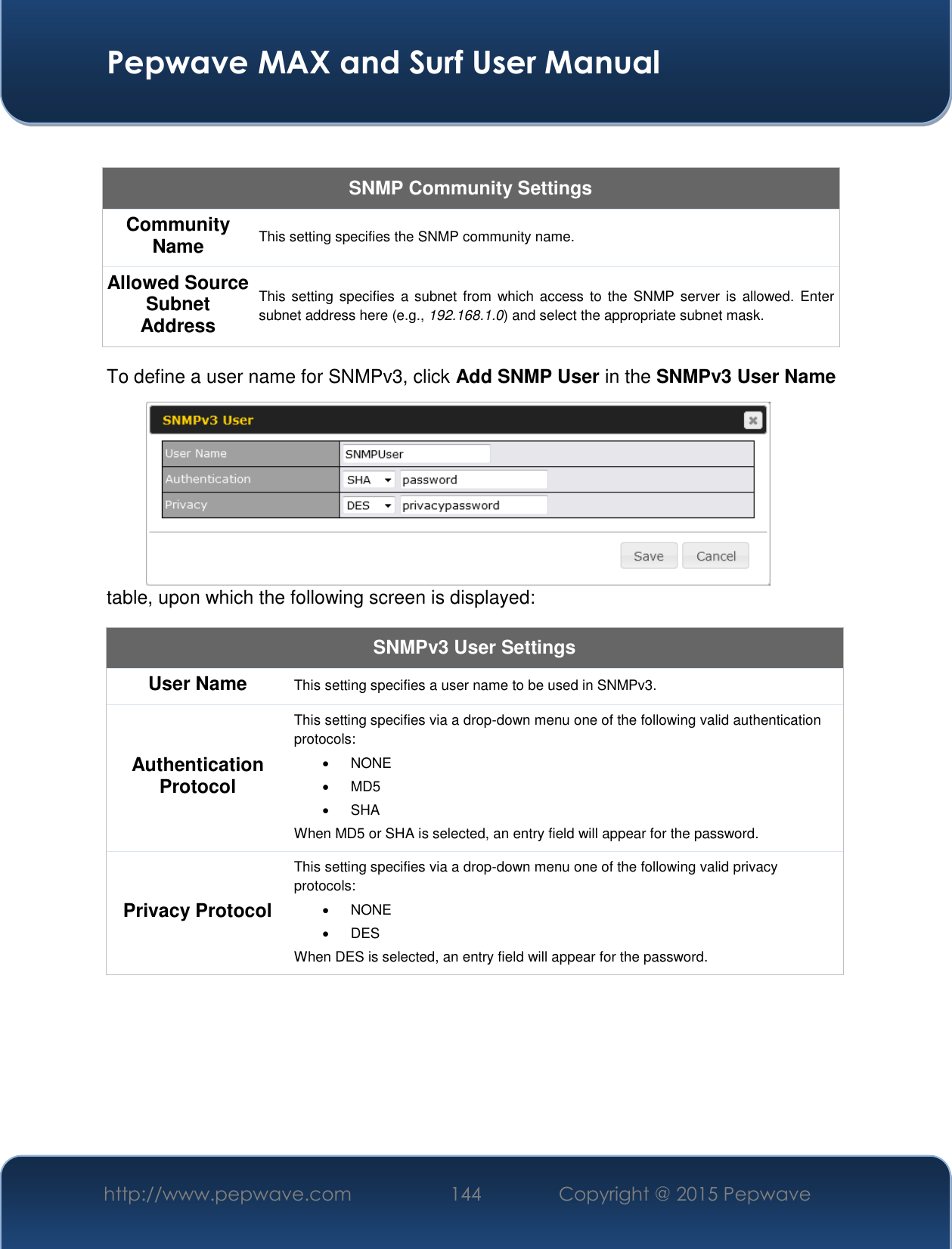  Pepwave MAX and Surf User Manual http://www.pepwave.com 144   Copyright @ 2015 Pepwave    SNMP Community Settings Community Name This setting specifies the SNMP community name. Allowed Source Subnet Address This setting specifies  a subnet from  which access to  the  SNMP server  is  allowed.  Enter subnet address here (e.g., 192.168.1.0) and select the appropriate subnet mask. To define a user name for SNMPv3, click Add SNMP User in the SNMPv3 User Name table, upon which the following screen is displayed: SNMPv3 User Settings User Name This setting specifies a user name to be used in SNMPv3. Authentication Protocol This setting specifies via a drop-down menu one of the following valid authentication protocols:    NONE   MD5    SHA When MD5 or SHA is selected, an entry field will appear for the password. Privacy Protocol This setting specifies via a drop-down menu one of the following valid privacy protocols:    NONE    DES When DES is selected, an entry field will appear for the password.  