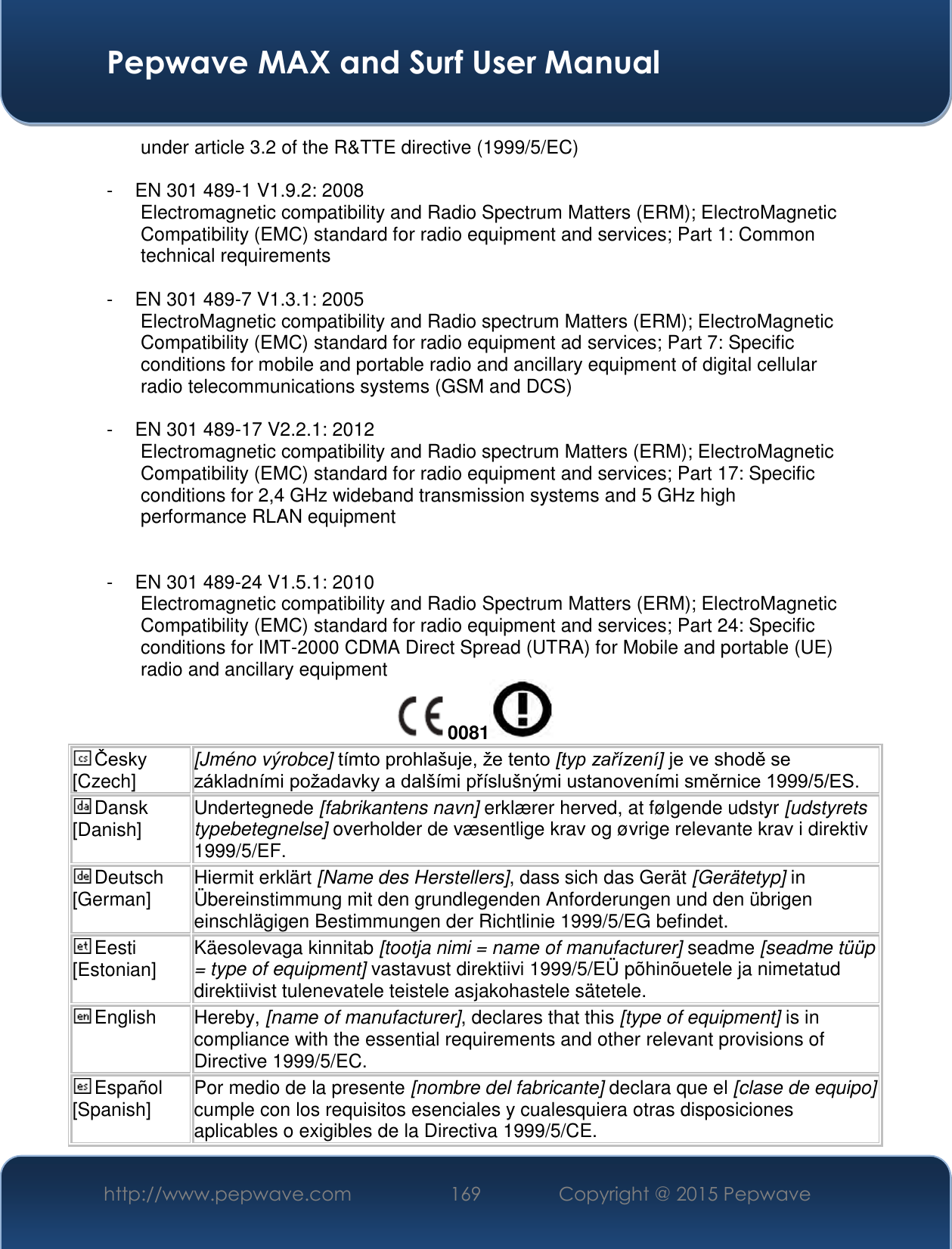  Pepwave MAX and Surf User Manual http://www.pepwave.com 169   Copyright @ 2015 Pepwave   under article 3.2 of the R&amp;TTE directive (1999/5/EC)  -  EN 301 489-1 V1.9.2: 2008 Electromagnetic compatibility and Radio Spectrum Matters (ERM); ElectroMagnetic Compatibility (EMC) standard for radio equipment and services; Part 1: Common technical requirements  -  EN 301 489-7 V1.3.1: 2005 ElectroMagnetic compatibility and Radio spectrum Matters (ERM); ElectroMagnetic Compatibility (EMC) standard for radio equipment ad services; Part 7: Specific conditions for mobile and portable radio and ancillary equipment of digital cellular radio telecommunications systems (GSM and DCS)  -  EN 301 489-17 V2.2.1: 2012 Electromagnetic compatibility and Radio spectrum Matters (ERM); ElectroMagnetic Compatibility (EMC) standard for radio equipment and services; Part 17: Specific conditions for 2,4 GHz wideband transmission systems and 5 GHz high performance RLAN equipment   -  EN 301 489-24 V1.5.1: 2010 Electromagnetic compatibility and Radio Spectrum Matters (ERM); ElectroMagnetic Compatibility (EMC) standard for radio equipment and services; Part 24: Specific conditions for IMT-2000 CDMA Direct Spread (UTRA) for Mobile and portable (UE) radio and ancillary equipment 0081  Česky [Czech] [Jméno výrobce] tímto prohlašuje, že tento [typ zařízení] je ve shodě se základními požadavky a dalšími příslušnými ustanoveními směrnice 1999/5/ES. Dansk [Danish] Undertegnede [fabrikantens navn] erklæ rer herved, at følgende udstyr [udstyrets typebetegnelse] overholder de væ sentlige krav og øvrige relevante krav i direktiv 1999/5/EF. Deutsch [German] Hiermit erklärt [Name des Herstellers], dass sich das Gerät [Gerätetyp] in Ü bereinstimmung mit den grundlegenden Anforderungen und den übrigen einschlägigen Bestimmungen der Richtlinie 1999/5/EG befindet. Eesti [Estonian] Käesolevaga kinnitab [tootja nimi = name of manufacturer] seadme [seadme tüüp = type of equipment] vastavust direktiivi 1999/5/EÜ  põhinõuetele ja nimetatud direktiivist tulenevatele teistele asjakohastele sätetele. English Hereby, [name of manufacturer], declares that this [type of equipment] is in compliance with the essential requirements and other relevant provisions of Directive 1999/5/EC. Español [Spanish] Por medio de la presente [nombre del fabricante] declara que el [clase de equipo] cumple con los requisitos esenciales y cualesquiera otras disposiciones aplicables o exigibles de la Directiva 1999/5/CE. 