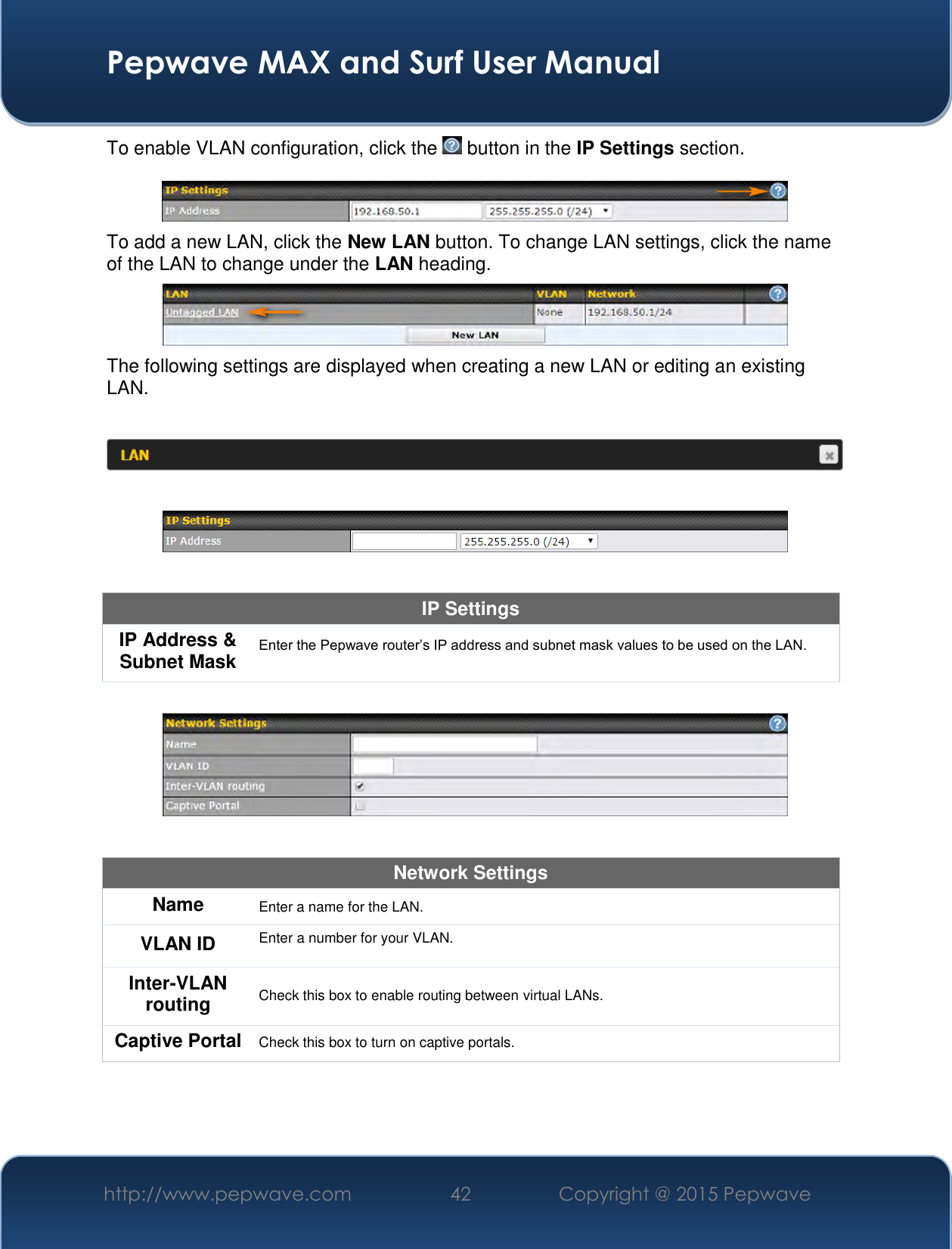  Pepwave MAX and Surf User Manual http://www.pepwave.com 42   Copyright @ 2015 Pepwave   To enable VLAN configuration, click the   button in the IP Settings section.    To add a new LAN, click the New LAN button. To change LAN settings, click the name of the LAN to change under the LAN heading.  The following settings are displayed when creating a new LAN or editing an existing LAN.      IP Settings IP Address &amp; Subnet Mask Enter the Pepwave router’s IP address and subnet mask values to be used on the LAN.    Network Settings Name Enter a name for the LAN. VLAN ID Enter a number for your VLAN. Inter-VLAN routing Check this box to enable routing between virtual LANs. Captive Portal Check this box to turn on captive portals.   