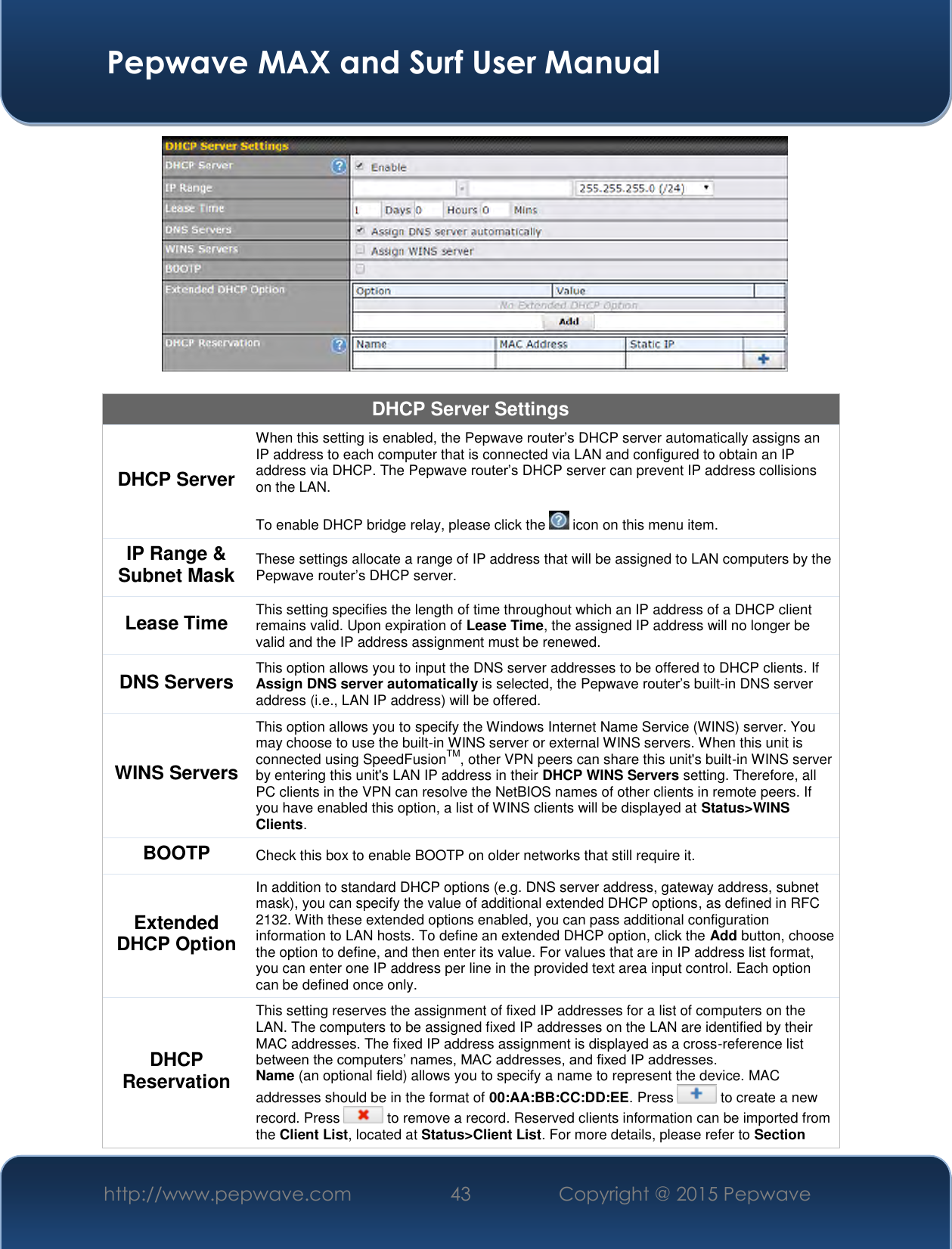  Pepwave MAX and Surf User Manual http://www.pepwave.com 43   Copyright @ 2015 Pepwave     DHCP Server Settings DHCP Server When this setting is enabled, the Pepwave router’s DHCP server automatically assigns an IP address to each computer that is connected via LAN and configured to obtain an IP address via DHCP. The Pepwave router’s DHCP server can prevent IP address collisions on the LAN.   To enable DHCP bridge relay, please click the   icon on this menu item. IP Range &amp; Subnet Mask These settings allocate a range of IP address that will be assigned to LAN computers by the Pepwave router’s DHCP server. Lease Time This setting specifies the length of time throughout which an IP address of a DHCP client remains valid. Upon expiration of Lease Time, the assigned IP address will no longer be valid and the IP address assignment must be renewed. DNS Servers This option allows you to input the DNS server addresses to be offered to DHCP clients. If Assign DNS server automatically is selected, the Pepwave router’s built-in DNS server address (i.e., LAN IP address) will be offered. WINS Servers This option allows you to specify the Windows Internet Name Service (WINS) server. You may choose to use the built-in WINS server or external WINS servers. When this unit is connected using SpeedFusionTM, other VPN peers can share this unit&apos;s built-in WINS server by entering this unit&apos;s LAN IP address in their DHCP WINS Servers setting. Therefore, all PC clients in the VPN can resolve the NetBIOS names of other clients in remote peers. If you have enabled this option, a list of WINS clients will be displayed at Status&gt;WINS Clients. BOOTP Check this box to enable BOOTP on older networks that still require it. Extended DHCP Option In addition to standard DHCP options (e.g. DNS server address, gateway address, subnet mask), you can specify the value of additional extended DHCP options, as defined in RFC 2132. With these extended options enabled, you can pass additional configuration information to LAN hosts. To define an extended DHCP option, click the Add button, choose the option to define, and then enter its value. For values that are in IP address list format, you can enter one IP address per line in the provided text area input control. Each option can be defined once only. DHCP Reservation This setting reserves the assignment of fixed IP addresses for a list of computers on the LAN. The computers to be assigned fixed IP addresses on the LAN are identified by their MAC addresses. The fixed IP address assignment is displayed as a cross-reference list between the computers’ names, MAC addresses, and fixed IP addresses. Name (an optional field) allows you to specify a name to represent the device. MAC addresses should be in the format of 00:AA:BB:CC:DD:EE. Press   to create a new record. Press   to remove a record. Reserved clients information can be imported from the Client List, located at Status&gt;Client List. For more details, please refer to Section 