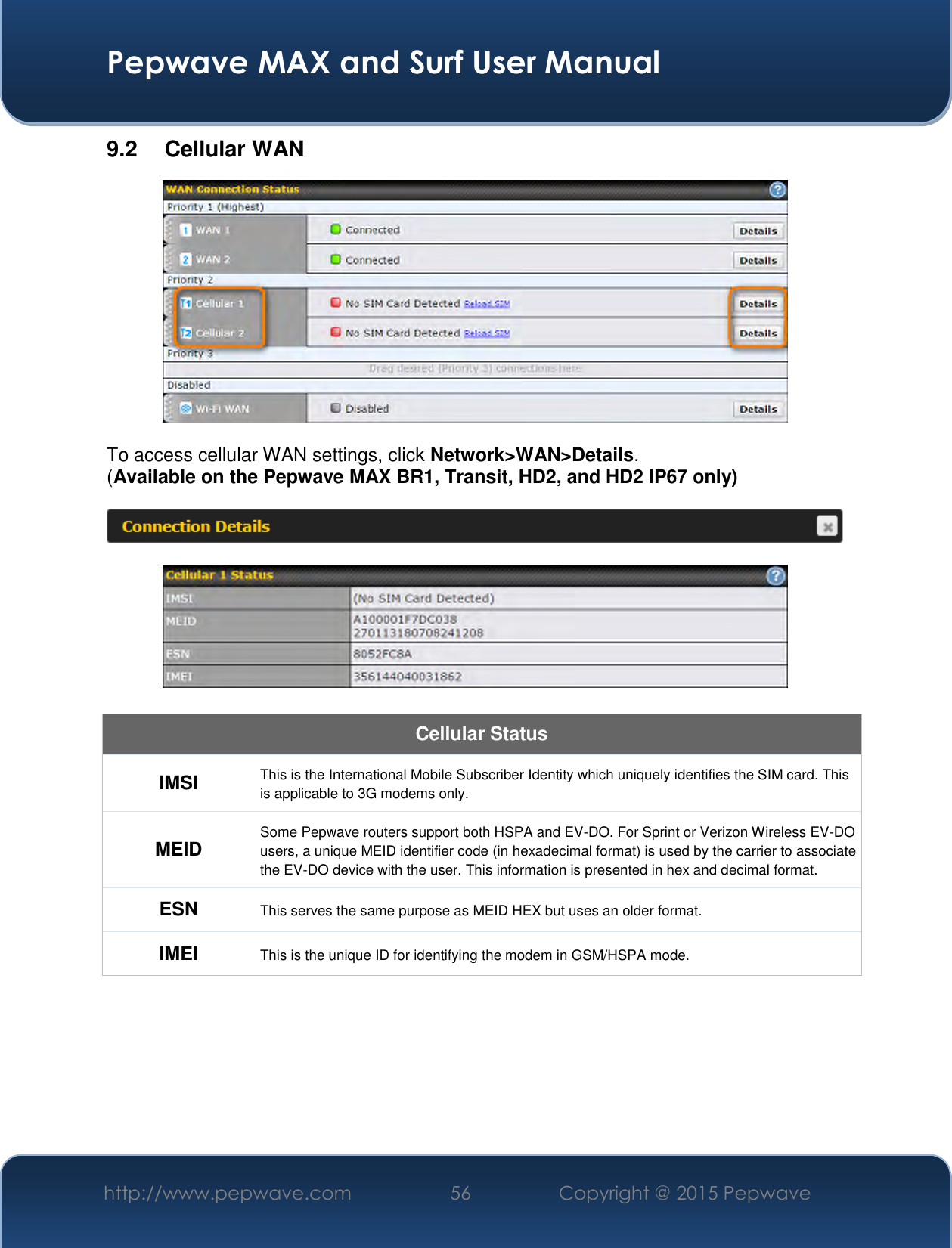  Pepwave MAX and Surf User Manual http://www.pepwave.com 56   Copyright @ 2015 Pepwave   9.2  Cellular WAN   To access cellular WAN settings, click Network&gt;WAN&gt;Details. (Available on the Pepwave MAX BR1, Transit, HD2, and HD2 IP67 only)      Cellular Status IMSI This is the International Mobile Subscriber Identity which uniquely identifies the SIM card. This is applicable to 3G modems only. MEID Some Pepwave routers support both HSPA and EV-DO. For Sprint or Verizon Wireless EV-DO users, a unique MEID identifier code (in hexadecimal format) is used by the carrier to associate the EV-DO device with the user. This information is presented in hex and decimal format. ESN This serves the same purpose as MEID HEX but uses an older format. IMEI This is the unique ID for identifying the modem in GSM/HSPA mode.  