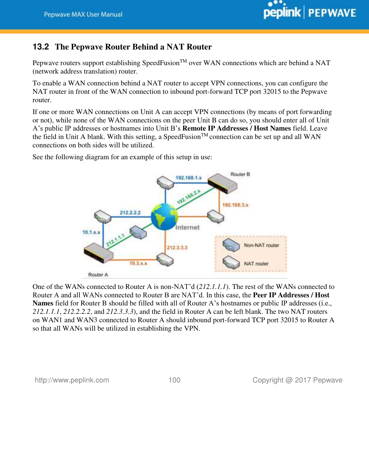   http://www.peplink.com 100   Copyright @ 2017 Pepwave  13.2  The Pepwave Router Behind a NAT Router Pepwave routers support establishing SpeedFusionTM over WAN connections which are behind a NAT (network address translation) router. To enable a WAN connection behind a NAT router to accept VPN connections, you can configure the NAT router in front of the WAN connection to inbound port-forward TCP port 32015 to the Pepwave router. If one or more WAN connections on Unit A can accept VPN connections (by means of port forwarding or not), while none of the WAN connections on the peer Unit B can do so, you should enter all of Unit A’s public IP addresses or hostnames into Unit B’s Remote IP Addresses / Host Names field. Leave the field in Unit A blank. With this setting, a SpeedFusionTM connection can be set up and all WAN connections on both sides will be utilized. See the following diagram for an example of this setup in use:  One of the WANs connected to Router A is non-NAT’d (212.1.1.1). The rest of the WANs connected to Router A and all WANs connected to Router B are NAT’d. In this case, the Peer IP Addresses / Host Names field for Router B should be filled with all of Router A’s hostnames or public IP addresses (i.e., 212.1.1.1, 212.2.2.2, and 212.3.3.3), and the field in Router A can be left blank. The two NAT routers on WAN1 and WAN3 connected to Router A should inbound port-forward TCP port 32015 to Router A so that all WANs will be utilized in establishing the VPN.  