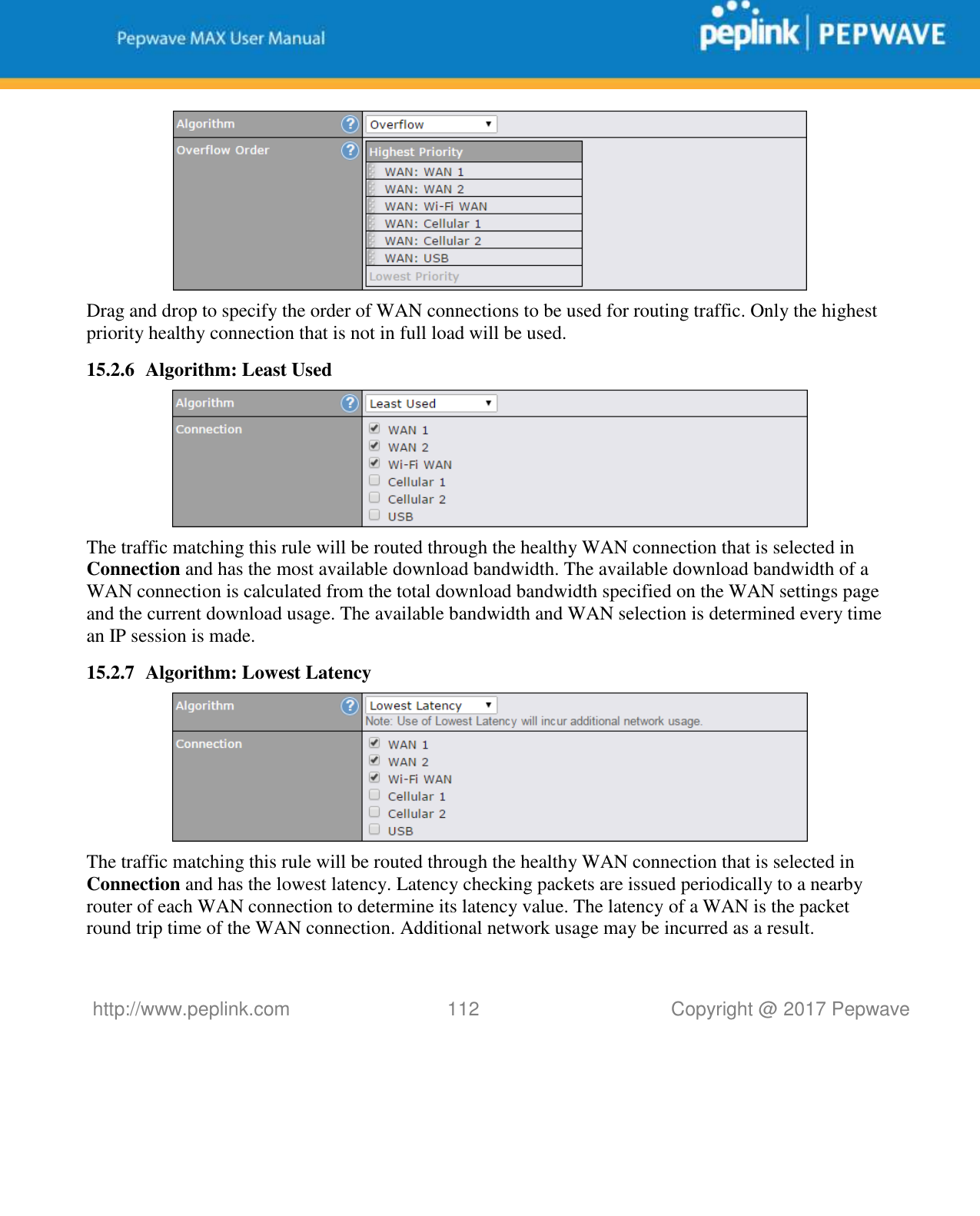   http://www.peplink.com 112   Copyright @ 2017 Pepwave   Drag and drop to specify the order of WAN connections to be used for routing traffic. Only the highest priority healthy connection that is not in full load will be used. 15.2.6 Algorithm: Least Used  The traffic matching this rule will be routed through the healthy WAN connection that is selected in Connection and has the most available download bandwidth. The available download bandwidth of a WAN connection is calculated from the total download bandwidth specified on the WAN settings page and the current download usage. The available bandwidth and WAN selection is determined every time an IP session is made. 15.2.7 Algorithm: Lowest Latency  The traffic matching this rule will be routed through the healthy WAN connection that is selected in Connection and has the lowest latency. Latency checking packets are issued periodically to a nearby router of each WAN connection to determine its latency value. The latency of a WAN is the packet round trip time of the WAN connection. Additional network usage may be incurred as a result. 