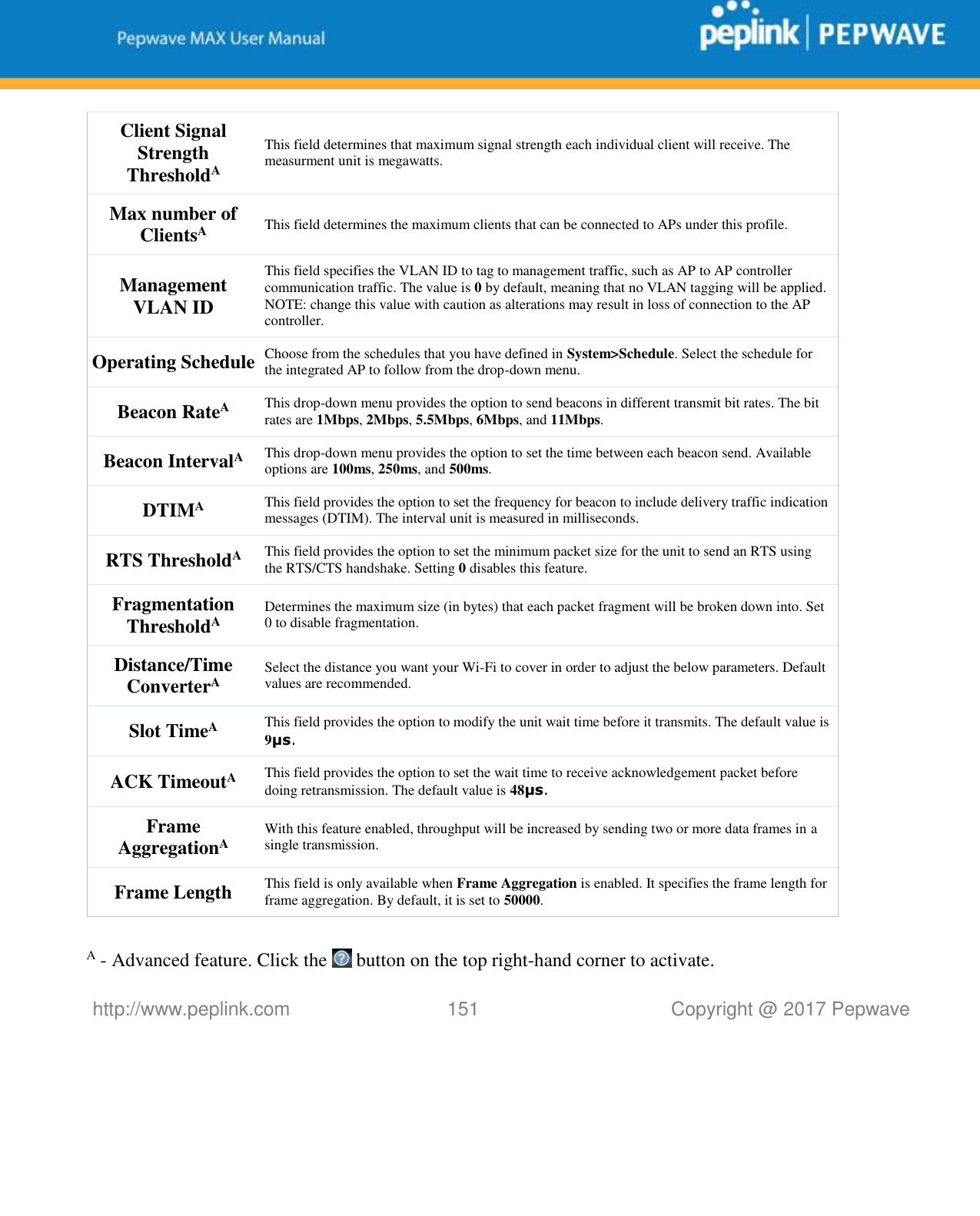   http://www.peplink.com 151   Copyright @ 2017 Pepwave  Client Signal Strength ThresholdA This field determines that maximum signal strength each individual client will receive. The measurment unit is megawatts. Max number of ClientsA This field determines the maximum clients that can be connected to APs under this profile.  Management VLAN ID This field specifies the VLAN ID to tag to management traffic, such as AP to AP controller communication traffic. The value is 0 by default, meaning that no VLAN tagging will be applied. NOTE: change this value with caution as alterations may result in loss of connection to the AP controller. Operating Schedule Choose from the schedules that you have defined in System&gt;Schedule. Select the schedule for the integrated AP to follow from the drop-down menu. Beacon RateA This drop-down menu provides the option to send beacons in different transmit bit rates. The bit rates are 1Mbps, 2Mbps, 5.5Mbps, 6Mbps, and 11Mbps. Beacon IntervalA This drop-down menu provides the option to set the time between each beacon send. Available options are 100ms, 250ms, and 500ms. DTIMA This field provides the option to set the frequency for beacon to include delivery traffic indication messages (DTIM). The interval unit is measured in milliseconds. RTS ThresholdA This field provides the option to set the minimum packet size for the unit to send an RTS using the RTS/CTS handshake. Setting 0 disables this feature. Fragmentation ThresholdA Determines the maximum size (in bytes) that each packet fragment will be broken down into. Set 0 to disable fragmentation. Distance/Time ConverterA Select the distance you want your Wi-Fi to cover in order to adjust the below parameters. Default values are recommended. Slot TimeA This field provides the option to modify the unit wait time before it transmits. The default value is 9μs. ACK TimeoutA This field provides the option to set the wait time to receive acknowledgement packet before doing retransmission. The default value is 48μs. Frame AggregationA With this feature enabled, throughput will be increased by sending two or more data frames in a single transmission. Frame Length This field is only available when Frame Aggregation is enabled. It specifies the frame length for frame aggregation. By default, it is set to 50000.  A - Advanced feature. Click the   button on the top right-hand corner to activate. 