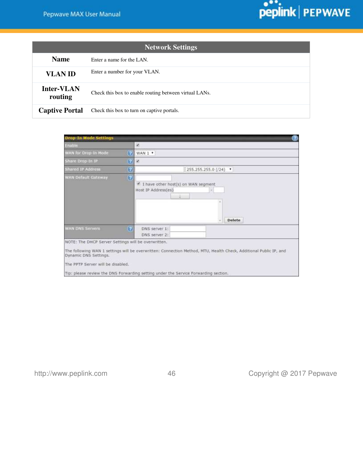   http://www.peplink.com 46   Copyright @ 2017 Pepwave  Network Settings Name Enter a name for the LAN. VLAN ID Enter a number for your VLAN. Inter-VLAN routing Check this box to enable routing between virtual LANs. Captive Portal Check this box to turn on captive portals.       