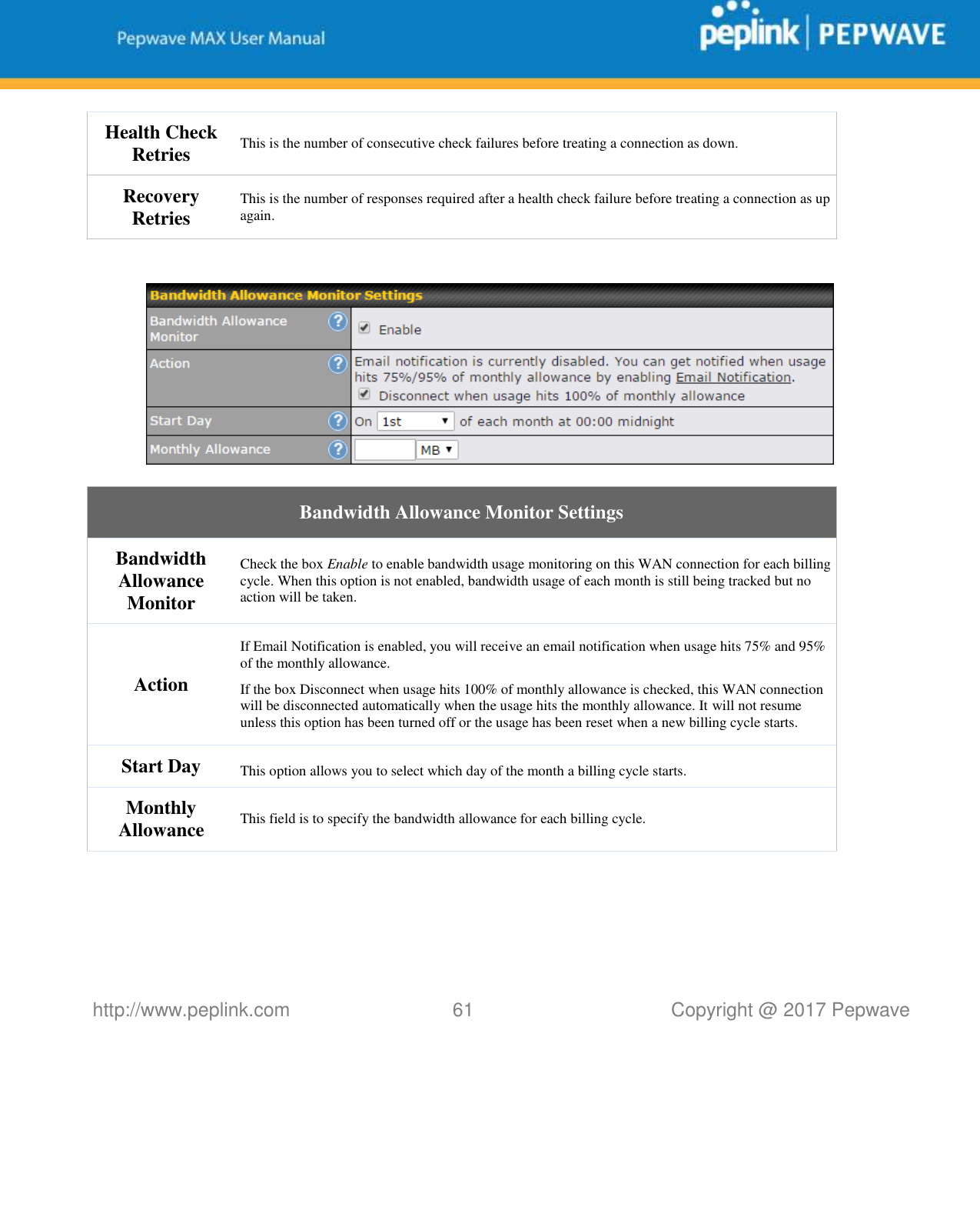   http://www.peplink.com 61   Copyright @ 2017 Pepwave  Health Check Retries This is the number of consecutive check failures before treating a connection as down. Recovery Retries This is the number of responses required after a health check failure before treating a connection as up again.     Bandwidth Allowance Monitor Settings Bandwidth Allowance Monitor Check the box Enable to enable bandwidth usage monitoring on this WAN connection for each billing cycle. When this option is not enabled, bandwidth usage of each month is still being tracked but no action will be taken. Action If Email Notification is enabled, you will receive an email notification when usage hits 75% and 95% of the monthly allowance. If the box Disconnect when usage hits 100% of monthly allowance is checked, this WAN connection will be disconnected automatically when the usage hits the monthly allowance. It will not resume unless this option has been turned off or the usage has been reset when a new billing cycle starts. Start Day This option allows you to select which day of the month a billing cycle starts. Monthly Allowance This field is to specify the bandwidth allowance for each billing cycle.  