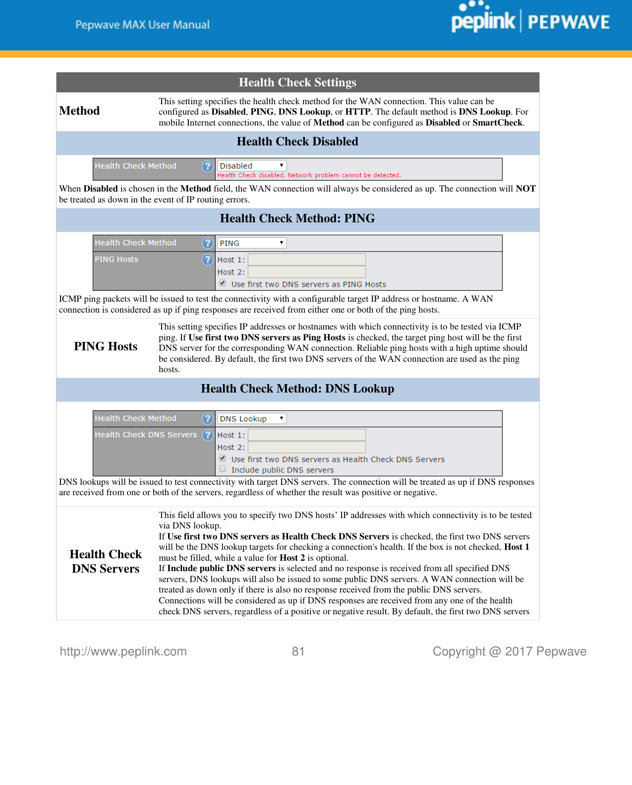   http://www.peplink.com 81   Copyright @ 2017 Pepwave  Health Check Settings Method This setting specifies the health check method for the WAN connection. This value can be configured as Disabled, PING, DNS Lookup, or HTTP. The default method is DNS Lookup. For mobile Internet connections, the value of Method can be configured as Disabled or SmartCheck. Health Check Disabled  When Disabled is chosen in the Method field, the WAN connection will always be considered as up. The connection will NOT be treated as down in the event of IP routing errors. Health Check Method: PING  ICMP ping packets will be issued to test the connectivity with a configurable target IP address or hostname. A WAN connection is considered as up if ping responses are received from either one or both of the ping hosts. PING Hosts This setting specifies IP addresses or hostnames with which connectivity is to be tested via ICMP ping. If Use first two DNS servers as Ping Hosts is checked, the target ping host will be the first DNS server for the corresponding WAN connection. Reliable ping hosts with a high uptime should be considered. By default, the first two DNS servers of the WAN connection are used as the ping hosts. Health Check Method: DNS Lookup  DNS lookups will be issued to test connectivity with target DNS servers. The connection will be treated as up if DNS responses are received from one or both of the servers, regardless of whether the result was positive or negative. Health Check DNS Servers This field allows you to specify two DNS hosts’ IP addresses with which connectivity is to be tested via DNS lookup. If Use first two DNS servers as Health Check DNS Servers is checked, the first two DNS servers will be the DNS lookup targets for checking a connection&apos;s health. If the box is not checked, Host 1 must be filled, while a value for Host 2 is optional. If Include public DNS servers is selected and no response is received from all specified DNS servers, DNS lookups will also be issued to some public DNS servers. A WAN connection will be treated as down only if there is also no response received from the public DNS servers. Connections will be considered as up if DNS responses are received from any one of the health check DNS servers, regardless of a positive or negative result. By default, the first two DNS servers 