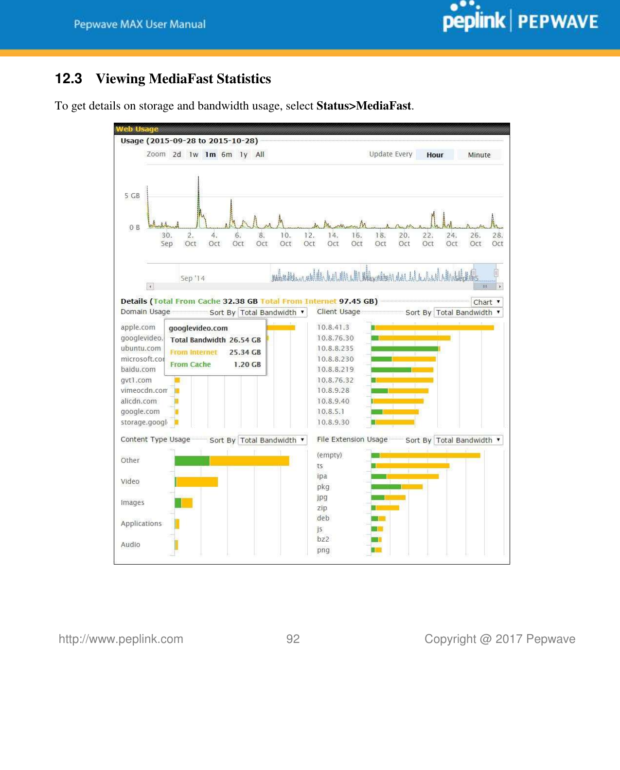   http://www.peplink.com 92   Copyright @ 2017 Pepwave  12.3   Viewing MediaFast Statistics To get details on storage and bandwidth usage, select Status&gt;MediaFast.    