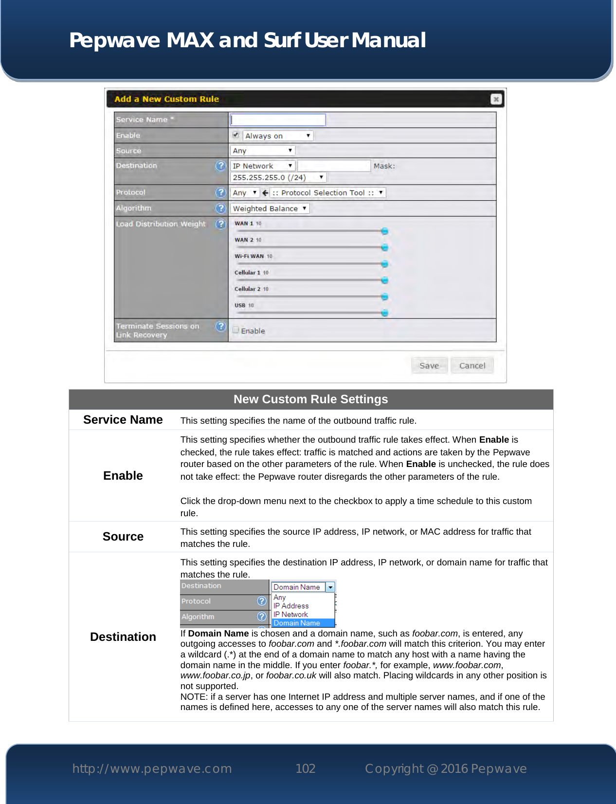  Pepwave MAX and Surf User Manual http://www.pepwave.com 102   Copyright @ 2016 Pepwave    New Custom Rule Settings Service Name This setting specifies the name of the outbound traffic rule. Enable This setting specifies whether the outbound traffic rule takes effect. When Enable is checked, the rule takes effect: traffic is matched and actions are taken by the Pepwave router based on the other parameters of the rule. When Enable is unchecked, the rule does not take effect: the Pepwave router disregards the other parameters of the rule.  Click the drop-down menu next to the checkbox to apply a time schedule to this custom rule. Source This setting specifies the source IP address, IP network, or MAC address for traffic that matches the rule. Destination This setting specifies the destination IP address, IP network, or domain name for traffic that matches the rule.  If Domain Name is chosen and a domain name, such as foobar.com, is entered, any outgoing accesses to foobar.com and *.foobar.com will match this criterion. You may enter a wildcard (.*) at the end of a domain name to match any host with a name having the domain name in the middle. If you enter foobar.*, for example, www.foobar.com, www.foobar.co.jp, or foobar.co.uk will also match. Placing wildcards in any other position is not supported. NOTE: if a server has one Internet IP address and multiple server names, and if one of the names is defined here, accesses to any one of the server names will also match this rule. 