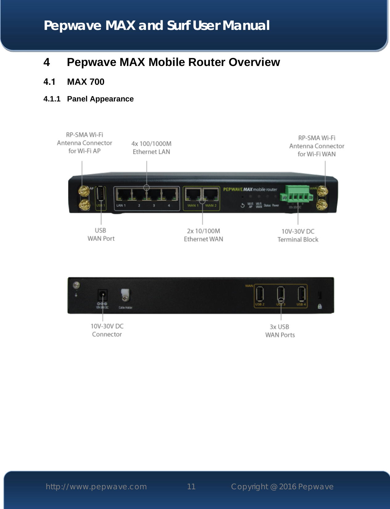  Pepwave MAX and Surf User Manual http://www.pepwave.com 11   Copyright @ 2016 Pepwave   4 Pepwave MAX Mobile Router Overview 4.1  MAX 700 4.1.1 Panel Appearance       
