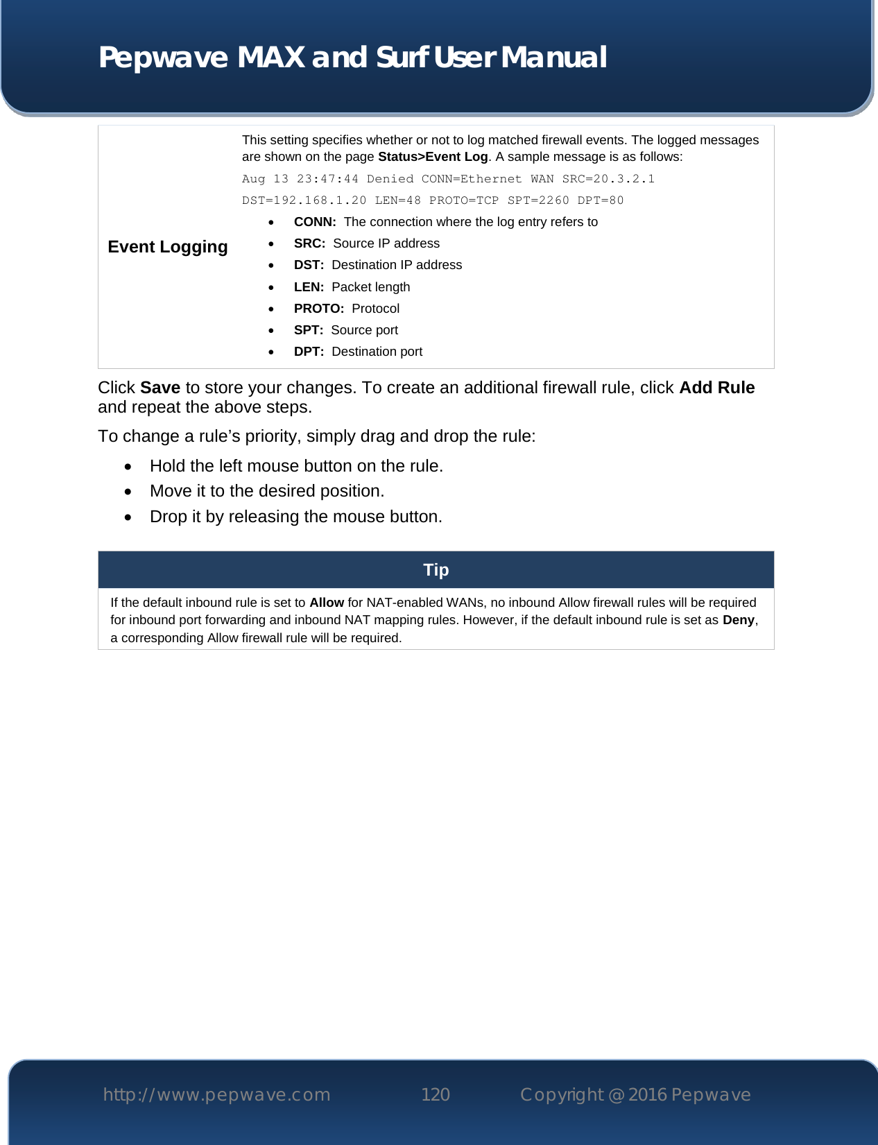  Pepwave MAX and Surf User Manual http://www.pepwave.com 120   Copyright @ 2016 Pepwave   Event Logging This setting specifies whether or not to log matched firewall events. The logged messages are shown on the page Status&gt;Event Log. A sample message is as follows: Aug 13 23:47:44 Denied CONN=Ethernet WAN SRC=20.3.2.1  DST=192.168.1.20 LEN=48 PROTO=TCP SPT=2260 DPT=80  CONN:  The connection where the log entry refers to  SRC:  Source IP address  DST:  Destination IP address  LEN:  Packet length  PROTO:  Protocol  SPT:  Source port  DPT:  Destination port Click Save to store your changes. To create an additional firewall rule, click Add Rule and repeat the above steps. To change a rule’s priority, simply drag and drop the rule:  Hold the left mouse button on the rule.  Move it to the desired position.  Drop it by releasing the mouse button.  Tip If the default inbound rule is set to Allow for NAT-enabled WANs, no inbound Allow firewall rules will be required for inbound port forwarding and inbound NAT mapping rules. However, if the default inbound rule is set as Deny, a corresponding Allow firewall rule will be required.     