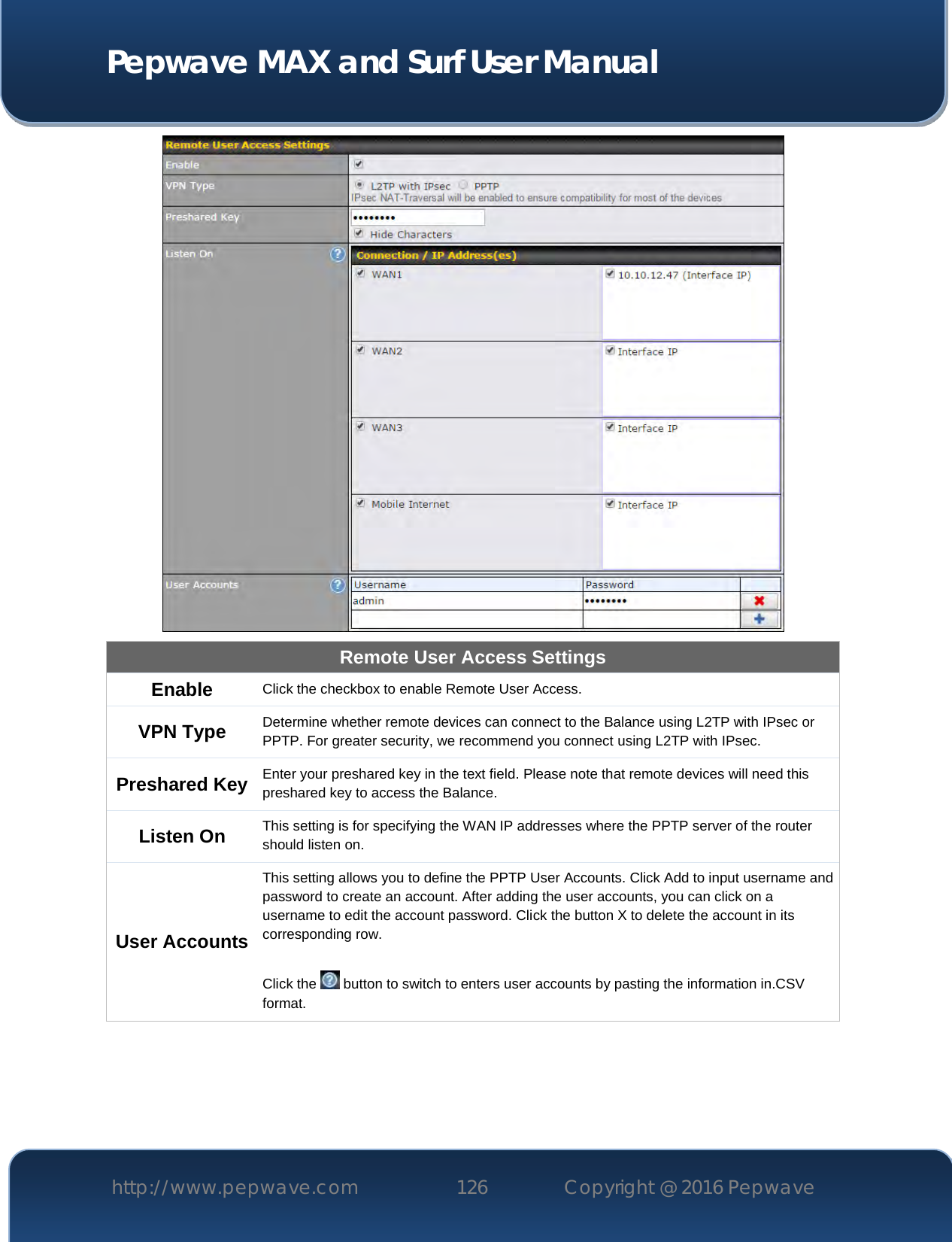  Pepwave MAX and Surf User Manual http://www.pepwave.com 126   Copyright @ 2016 Pepwave    Remote User Access Settings Enable Click the checkbox to enable Remote User Access. VPN Type Determine whether remote devices can connect to the Balance using L2TP with IPsec or PPTP. For greater security, we recommend you connect using L2TP with IPsec. Preshared Key Enter your preshared key in the text field. Please note that remote devices will need this preshared key to access the Balance. Listen On This setting is for specifying the WAN IP addresses where the PPTP server of the router should listen on. User Accounts This setting allows you to define the PPTP User Accounts. Click Add to input username and password to create an account. After adding the user accounts, you can click on a username to edit the account password. Click the button X to delete the account in its corresponding row.  Click the   button to switch to enters user accounts by pasting the information in.CSV format.  