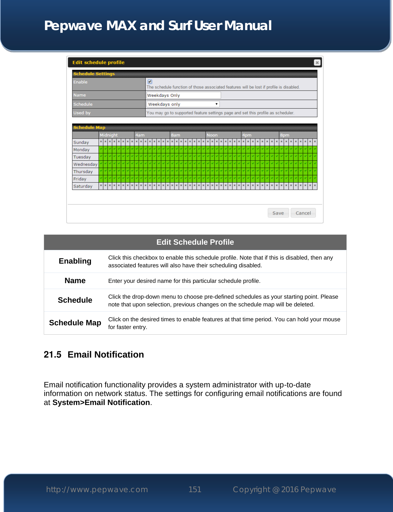  Pepwave MAX and Surf User Manual http://www.pepwave.com 151   Copyright @ 2016 Pepwave     Edit Schedule Profile Enabling Click this checkbox to enable this schedule profile. Note that if this is disabled, then any associated features will also have their scheduling disabled. Name Enter your desired name for this particular schedule profile. Schedule Click the drop-down menu to choose pre-defined schedules as your starting point. Please note that upon selection, previous changes on the schedule map will be deleted.  Schedule Map Click on the desired times to enable features at that time period. You can hold your mouse for faster entry.  21.5  Email Notification  Email notification functionality provides a system administrator with up-to-date information on network status. The settings for configuring email notifications are found at System&gt;Email Notification. 