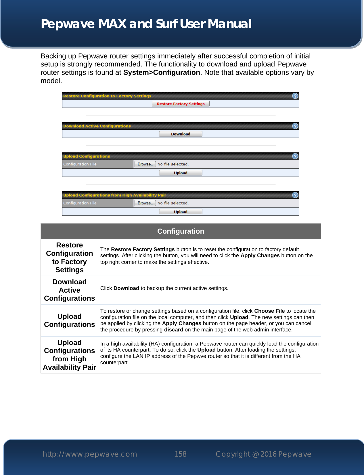  Pepwave MAX and Surf User Manual http://www.pepwave.com 158   Copyright @ 2016 Pepwave   Backing up Pepwave router settings immediately after successful completion of initial setup is strongly recommended. The functionality to download and upload Pepwave router settings is found at System&gt;Configuration. Note that available options vary by model.  Configuration Restore Configuration to Factory Settings The Restore Factory Settings button is to reset the configuration to factory default settings. After clicking the button, you will need to click the Apply Changes button on the top right corner to make the settings effective. Download Active Configurations Click Download to backup the current active settings.  Upload Configurations To restore or change settings based on a configuration file, click Choose File to locate the configuration file on the local computer, and then click Upload. The new settings can then be applied by clicking the Apply Changes button on the page header, or you can cancel the procedure by pressing discard on the main page of the web admin interface. Upload Configurations from High Availability Pair In a high availability (HA) configuration, a Pepwave router can quickly load the configuration of its HA counterpart. To do so, click the Upload button. After loading the settings, configure the LAN IP address of the Pepwve router so that it is different from the HA counterpart.      