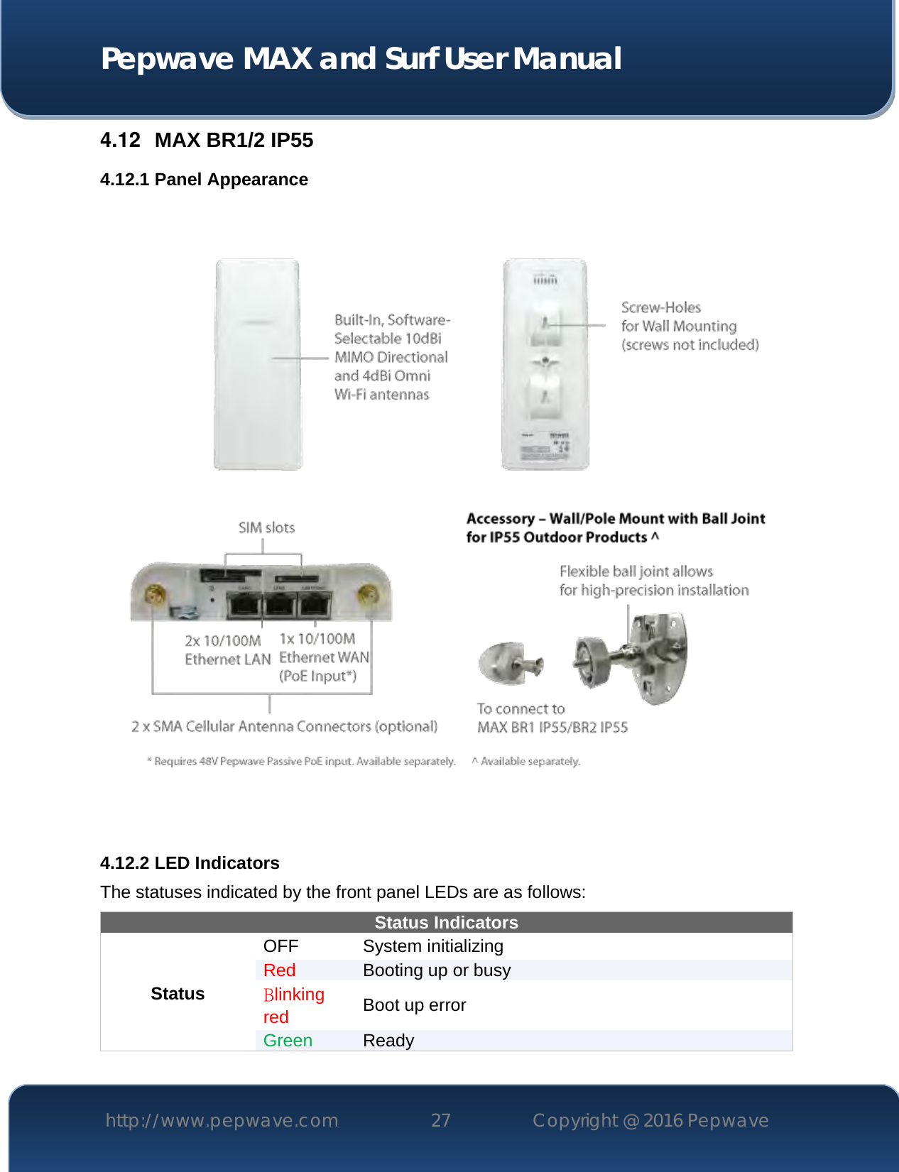  Pepwave MAX and Surf User Manual http://www.pepwave.com 27   Copyright @ 2016 Pepwave   4.12  MAX BR1/2 IP55 4.12.1 Panel Appearance  4.12.2 LED Indicators The statuses indicated by the front panel LEDs are as follows: Status Indicators Status OFF  System initializing Red Booting up or busy Blinking red Boot up error Green Ready   