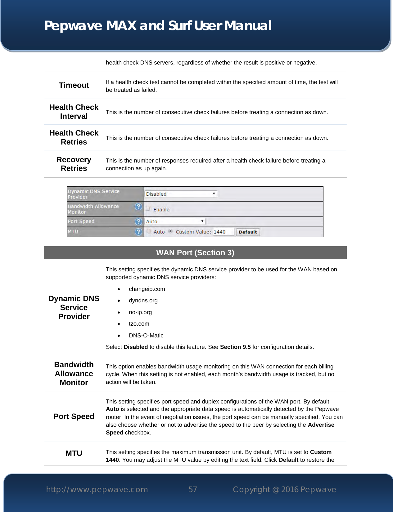  Pepwave MAX and Surf User Manual http://www.pepwave.com 57   Copyright @ 2016 Pepwave   health check DNS servers, regardless of whether the result is positive or negative. Timeout If a health check test cannot be completed within the specified amount of time, the test will be treated as failed. Health Check Interval This is the number of consecutive check failures before treating a connection as down. Health Check Retries This is the number of consecutive check failures before treating a connection as down. Recovery Retries This is the number of responses required after a health check failure before treating a connection as up again.    WAN Port (Section 3) Dynamic DNS Service Provider This setting specifies the dynamic DNS service provider to be used for the WAN based on supported dynamic DNS service providers:  changeip.com  dyndns.org  no-ip.org  tzo.com  DNS-O-Matic Select Disabled to disable this feature. See Section 9.5 for configuration details. Bandwidth Allowance Monitor This option enables bandwidth usage monitoring on this WAN connection for each billing cycle. When this setting is not enabled, each month’s bandwidth usage is tracked, but no action will be taken.  Port Speed This setting specifies port speed and duplex configurations of the WAN port. By default, Auto is selected and the appropriate data speed is automatically detected by the Pepwave router. In the event of negotiation issues, the port speed can be manually specified. You can also choose whether or not to advertise the speed to the peer by selecting the Advertise Speed checkbox. MTU This setting specifies the maximum transmission unit. By default, MTU is set to Custom 1440. You may adjust the MTU value by editing the text field. Click Default to restore the 